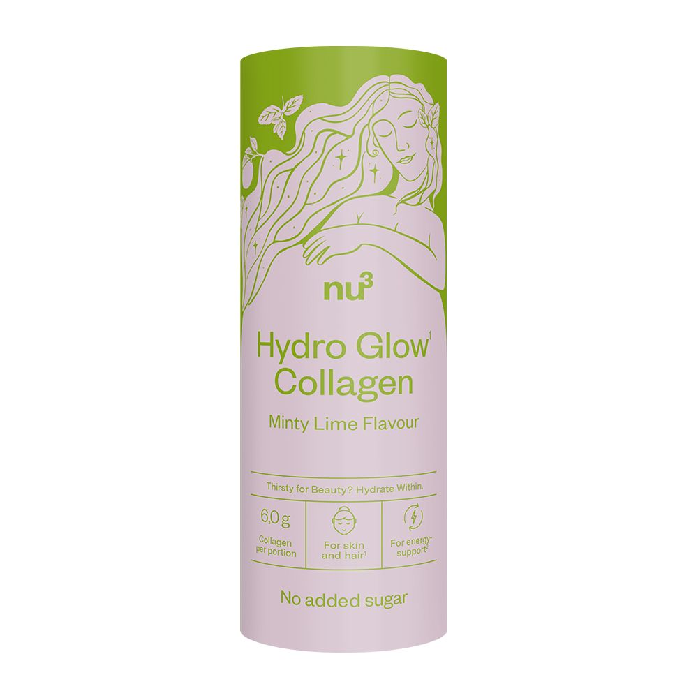 Zylindrische Dose mit "nu3 Hydro Glow Collagen". Grün-lila Design, Illustration einer Frau. "Minty Lime Flavour" und weitere Angaben.