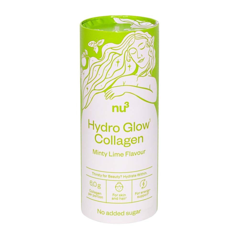 Zylindrische Dose mit grünem Deckel. Aufschrift: nu3 Hydro Glow Collagen, Minty Lime Flavour. Illustration einer Frau.