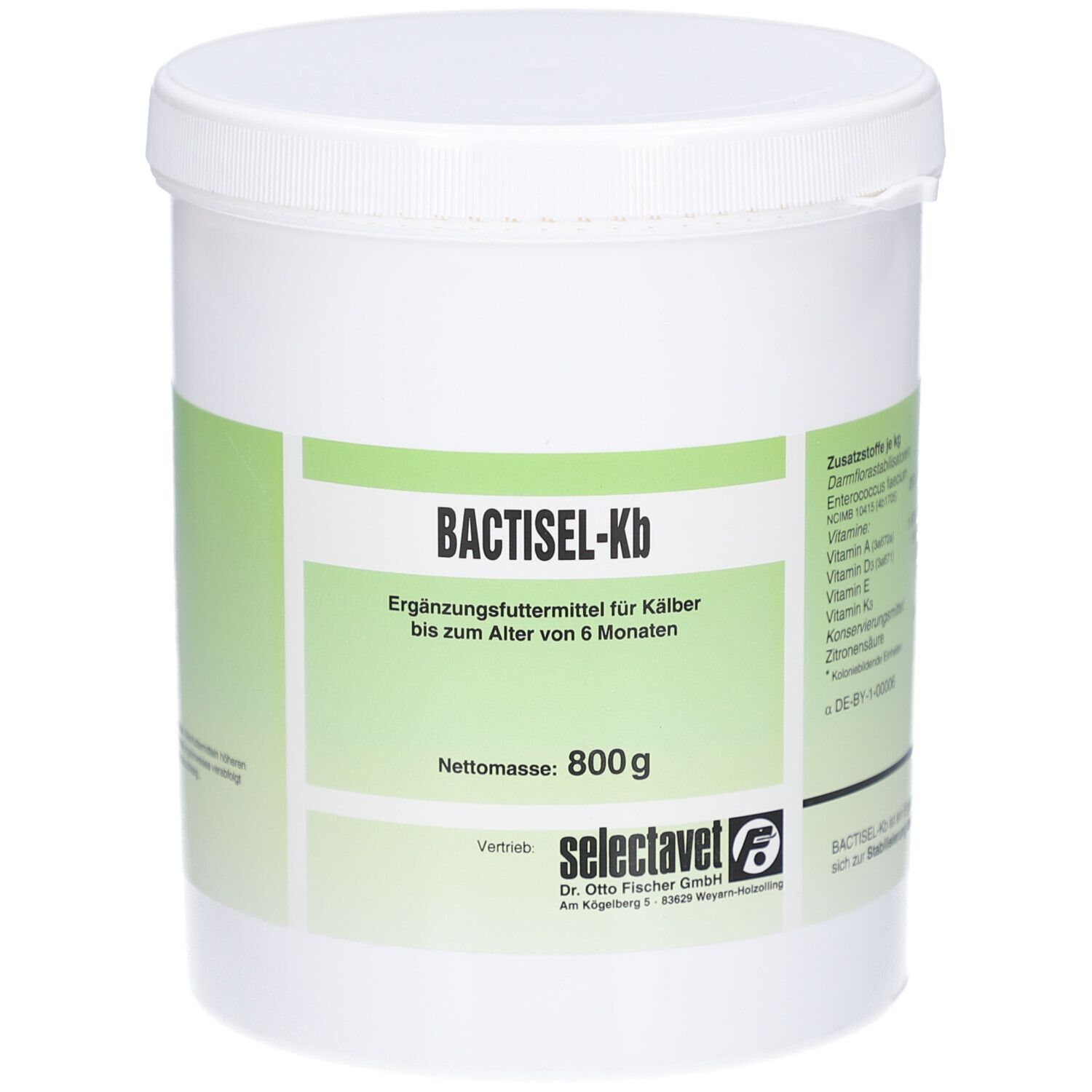 Weißer Eimer mit Deckel. Aufschrift: BACTISEL-Kb, Ergänzungsfuttermittel für Kälber. Nettomasse: 800g. Logo selectavet.