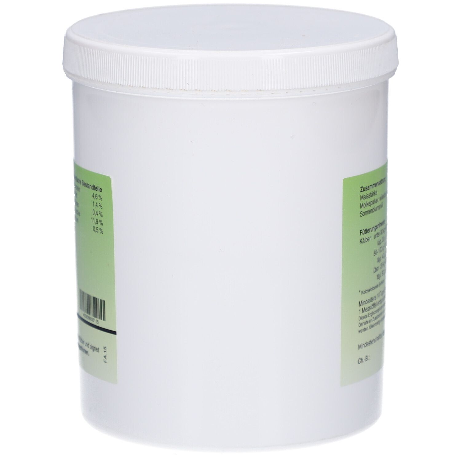 Weißer Eimer, Seitenansicht. Aufkleber mit Text und Barcode. Grüner Aufkleber mit Text.