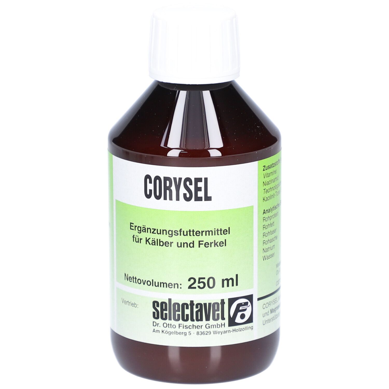 Braune Flasche mit weißem Deckel. Aufschrift: CORYSEL, Ergänzungsfuttermittel für Kälber und Ferkel. 250 ml. Marke: selectavet.