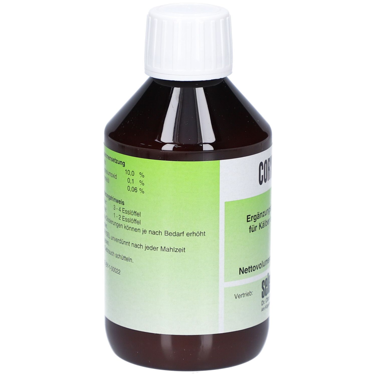 Braune Flasche mit weißem Deckel. Aufschrift: CORYSEL, Ergänzungsfuttermittel für Kälber und Ferkel. 250 ml. Rückseite mit Inhaltsstoffen.