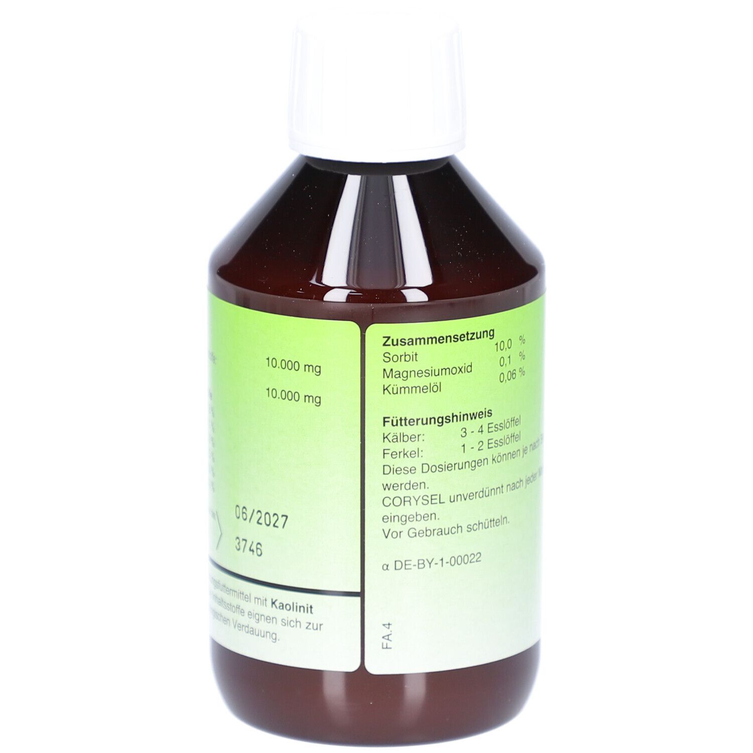 Braune Flasche mit weißem Deckel. Aufschrift: CORYSEL, Ergänzungsfuttermittel für Kälber und Ferkel. 250 ml. Rückseite mit Inhaltsstoffen und Dosierung.