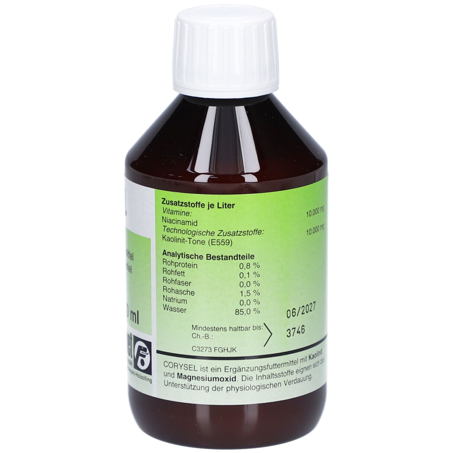 Braune Flasche mit weißem Deckel. Aufschrift: CORYSEL, Ergänzungsfuttermittel für Kälber und Ferkel. 250 ml. Rückseite mit Inhaltsstoffen und Analyse.