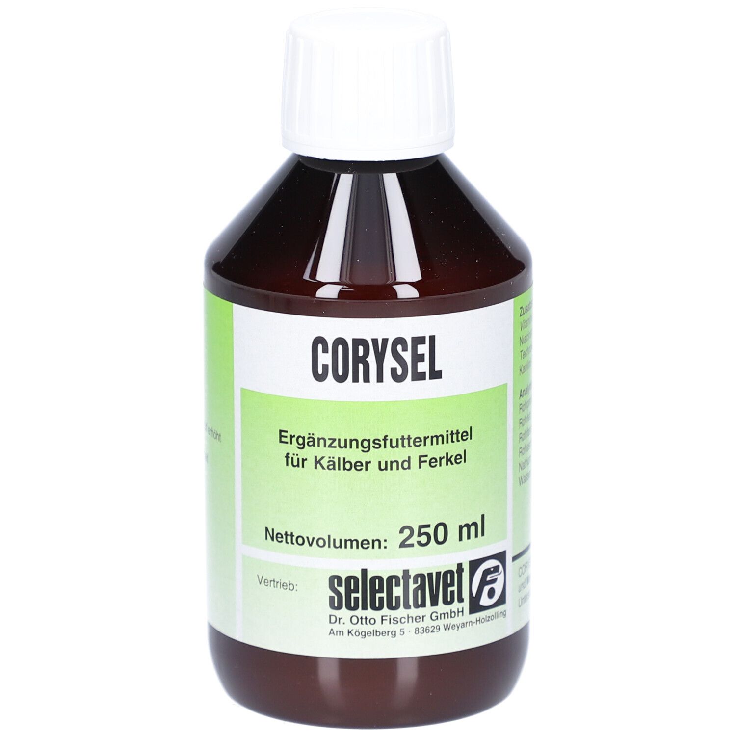 Braune Flasche mit weißem Deckel. Aufschrift: CORYSEL, Ergänzungsfuttermittel für Kälber und Ferkel. 250 ml. Marke: selectavet.