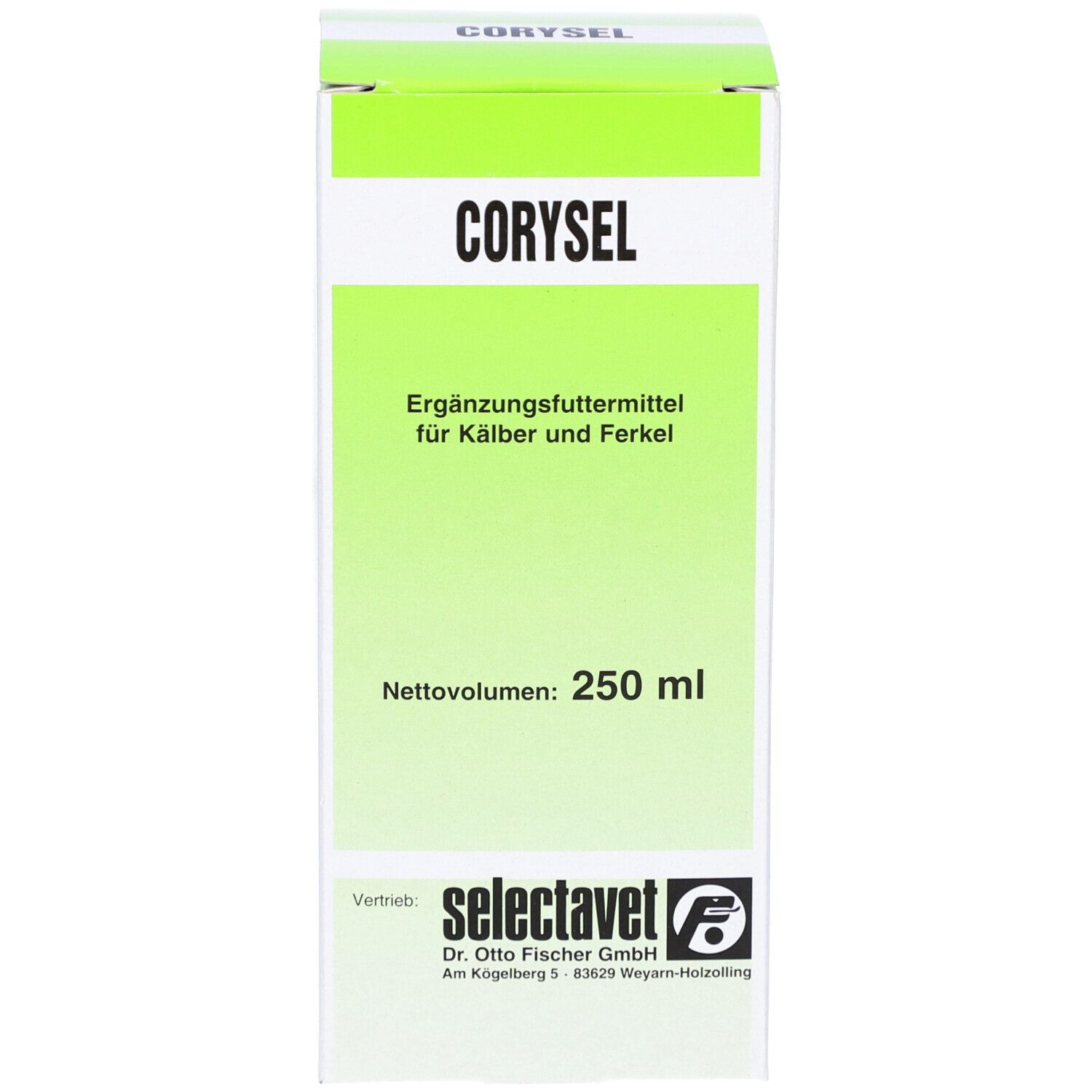CORYSEL Verpackung. Aufschrift: Ergänzungsfuttermittel für Kälber und Ferkel. 250 ml. Marke: selectavet.
