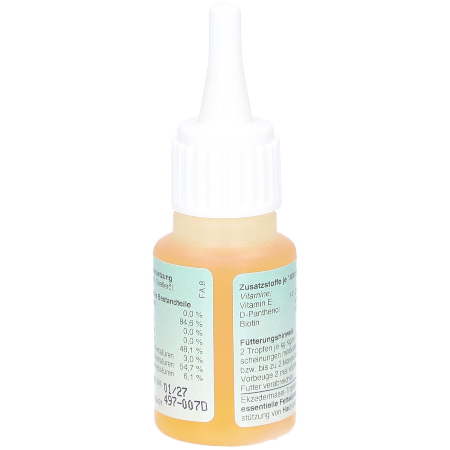 Tropfflasche mit braungelber Flüssigkeit. Aufschrift: EKZEDERMASEL-TROPFEN. Enthält Vitamin E, D-Panthenol, Biotin. Zusammensetzung.