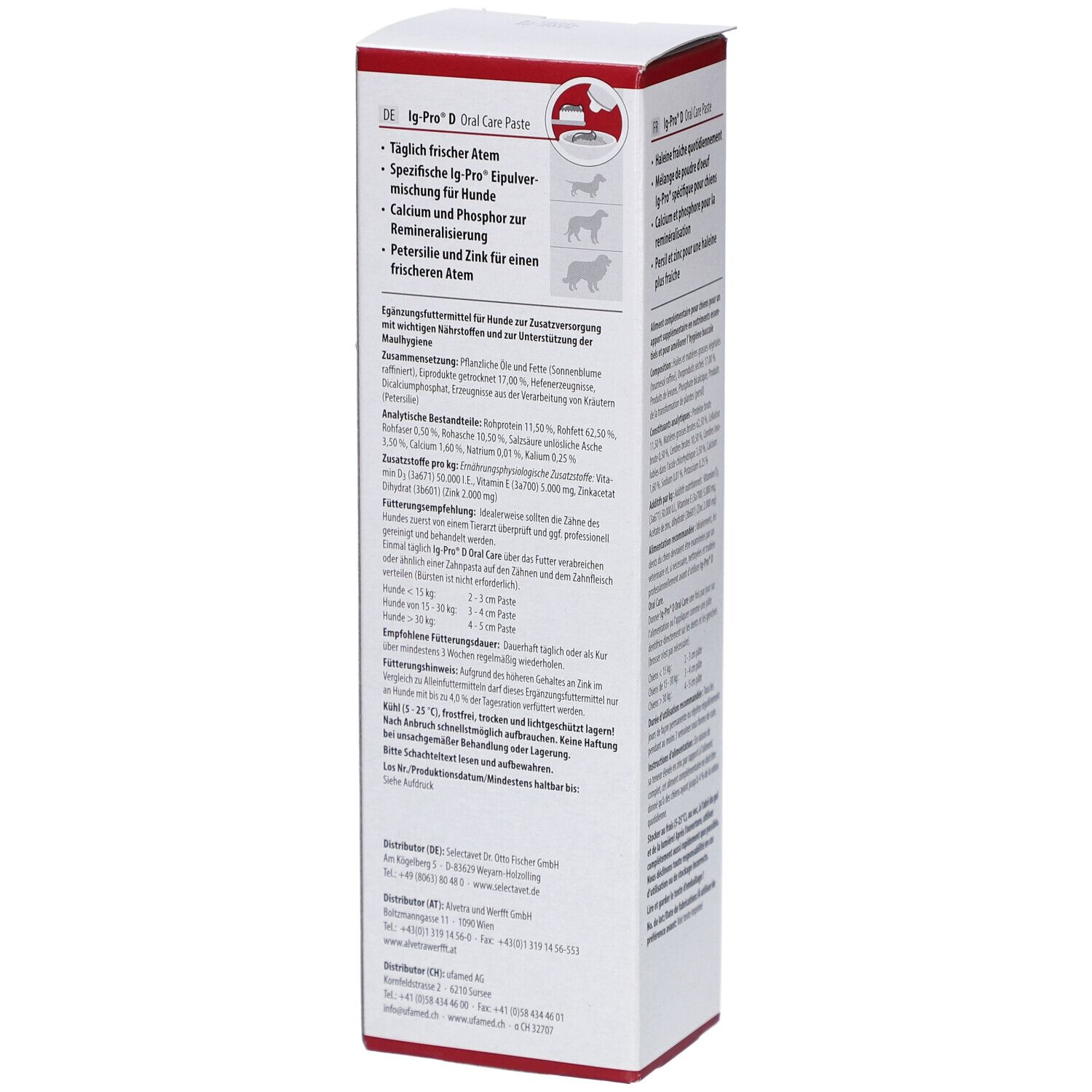 Rückseite der Verpackung von Ig Pro D Oral Care Paste. Enthält Informationen über die Inhaltsstoffe und die Anwendung.