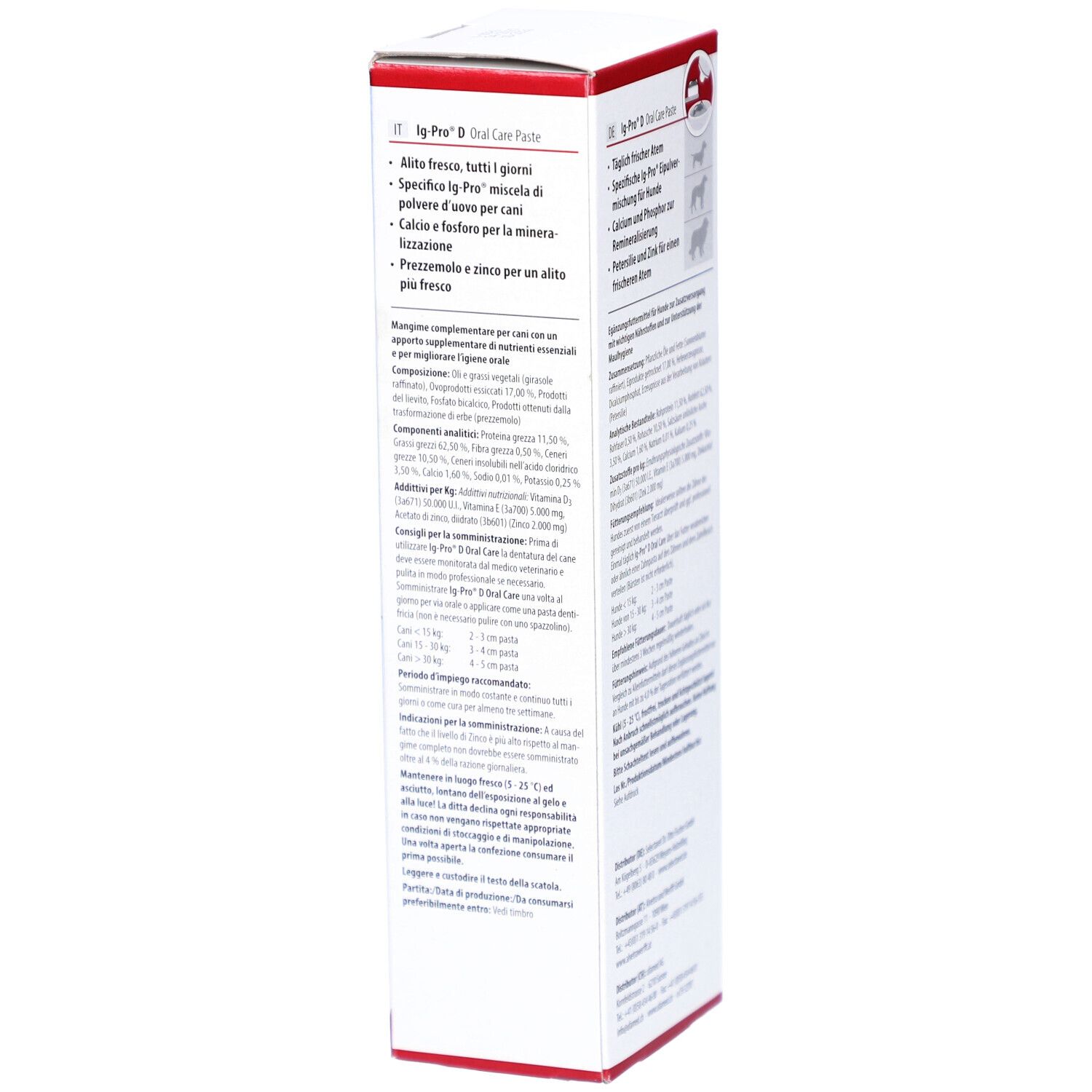 Seite der Verpackung von Ig Pro D Oral Care Paste. Enthält Informationen über die Inhaltsstoffe und die Anwendung.