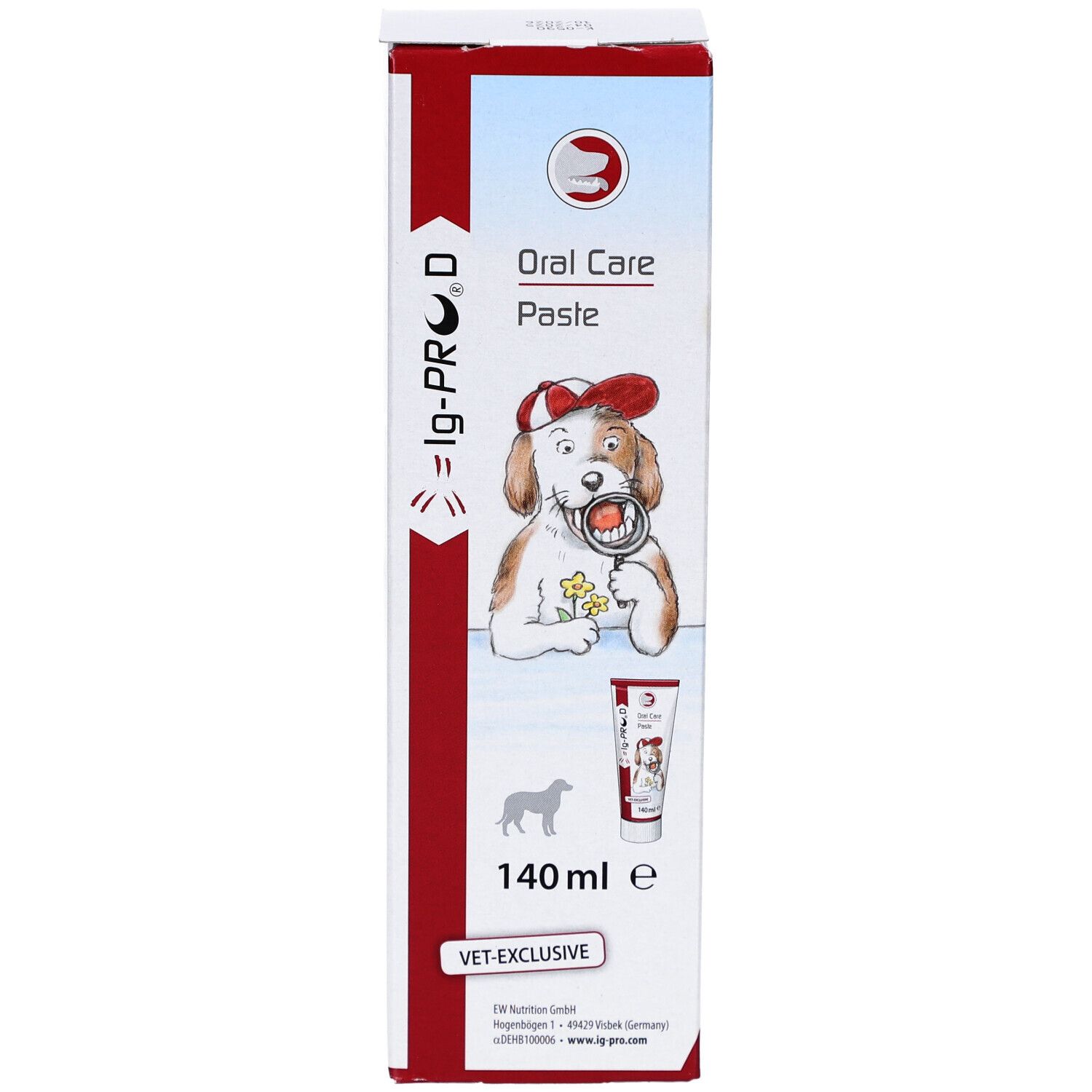 Vorderseite der Verpackung von Ig Pro D Oral Care Paste. Enthält ein Bild eines Hundes mit Zahnpasta. 140 ml. VET EXCLUSIVE.