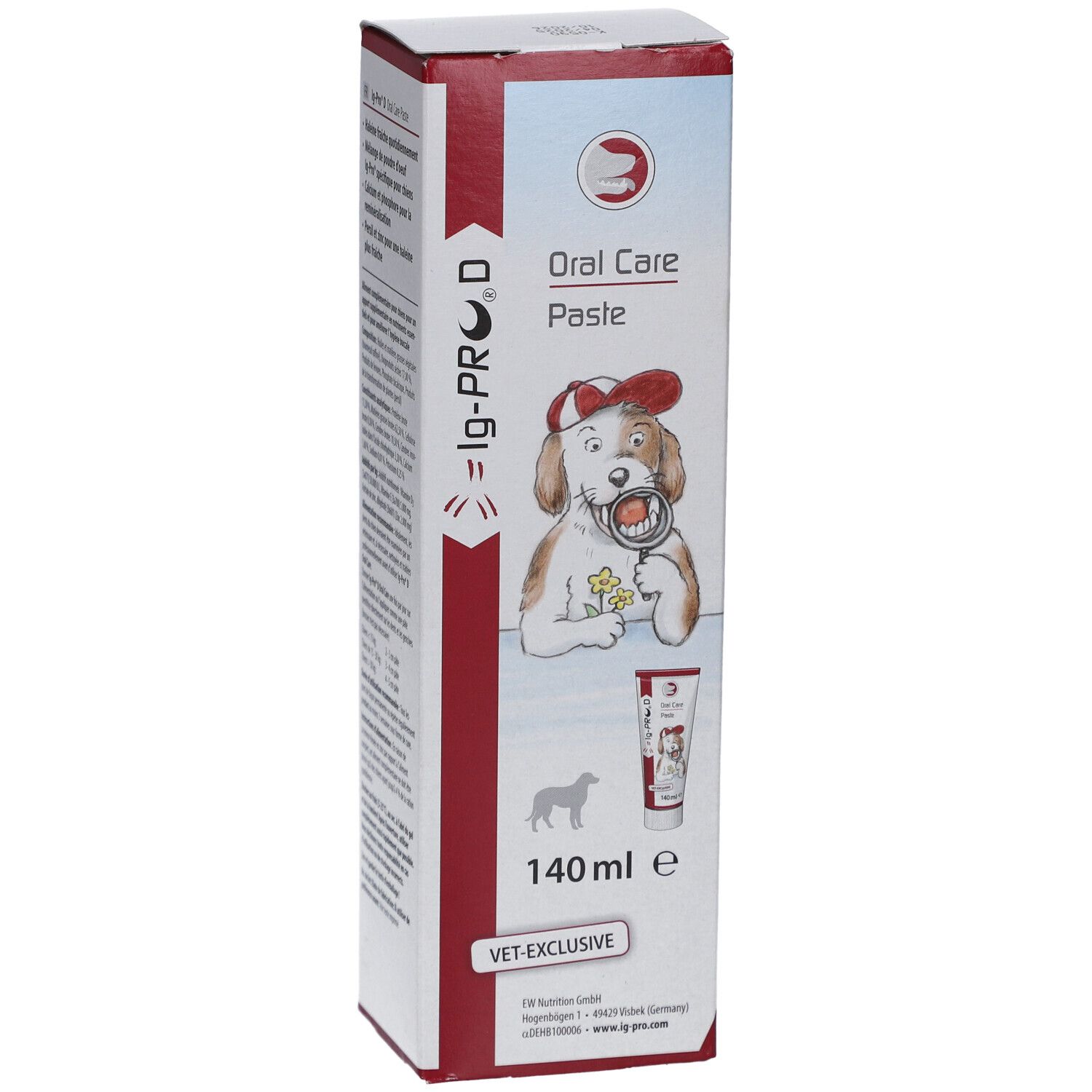 Vorderseite der Verpackung von Ig Pro D Oral Care Paste. Enthält ein Bild eines Hundes mit Zahnpasta. 140 ml. VET EXCLUSIVE.