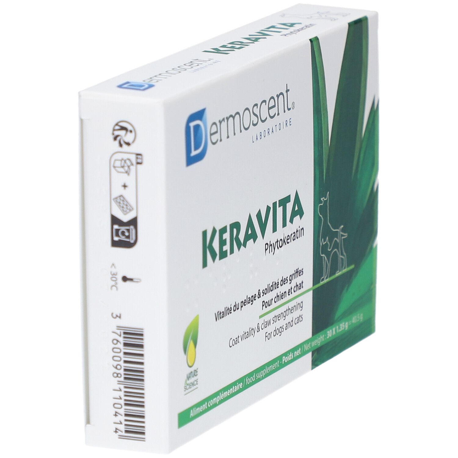 Weißer Karton mit "Keravita"-Logo und Text. Enthält 30 Tabletten. Seitenansicht mit Produktinformationen und Barcode.