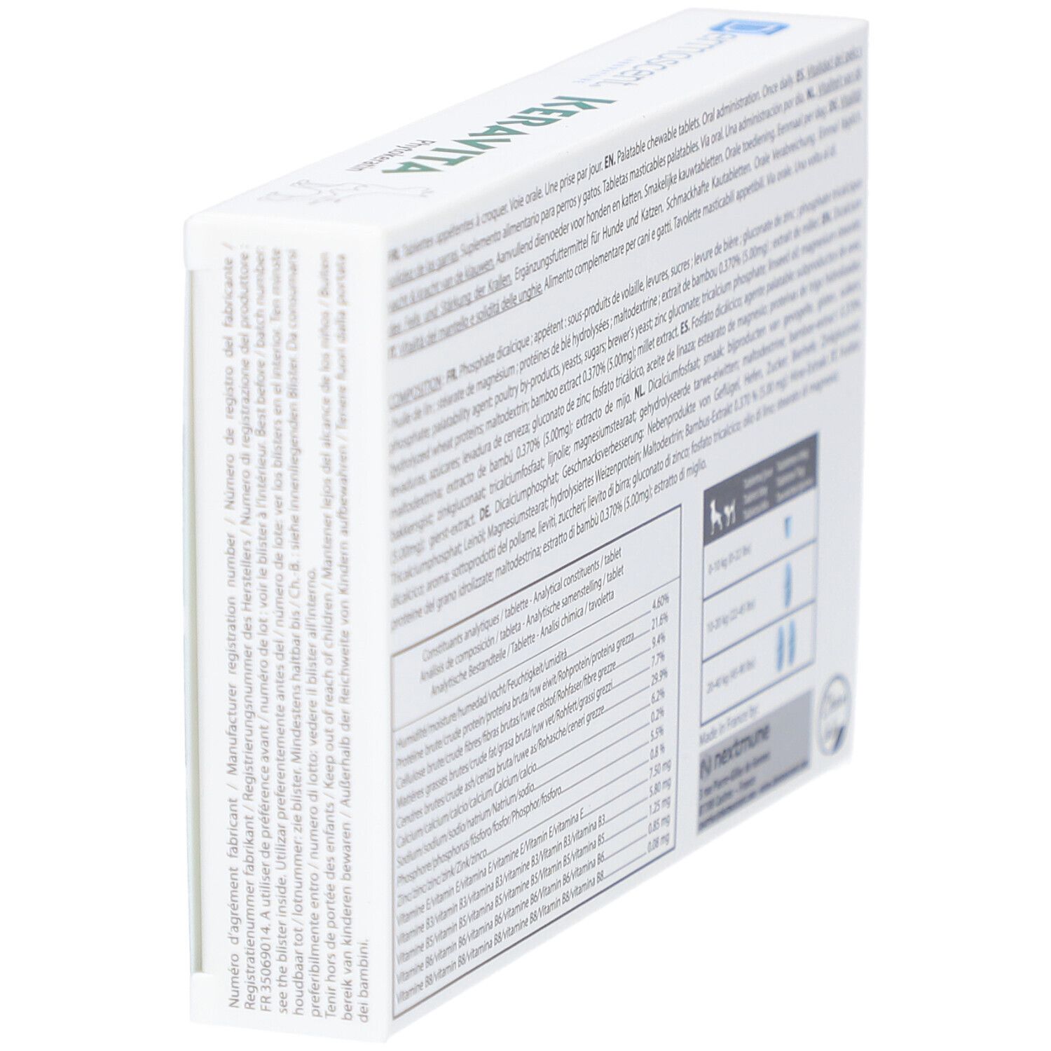 Rückseite der "Keravita"-Verpackung. Enthält Informationen zu Inhaltsstoffen und Dosierung. Text in mehreren Sprachen.