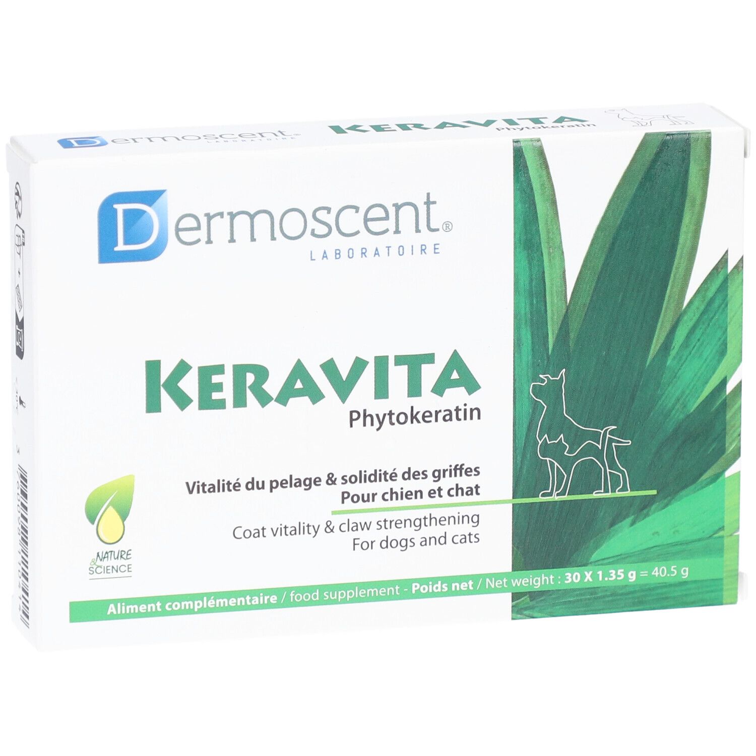 Karton mit "Keravita"-Schriftzug und Logo. Enthält 30 Tabletten für Hunde und Katzen. Grün-weiße Verpackung.