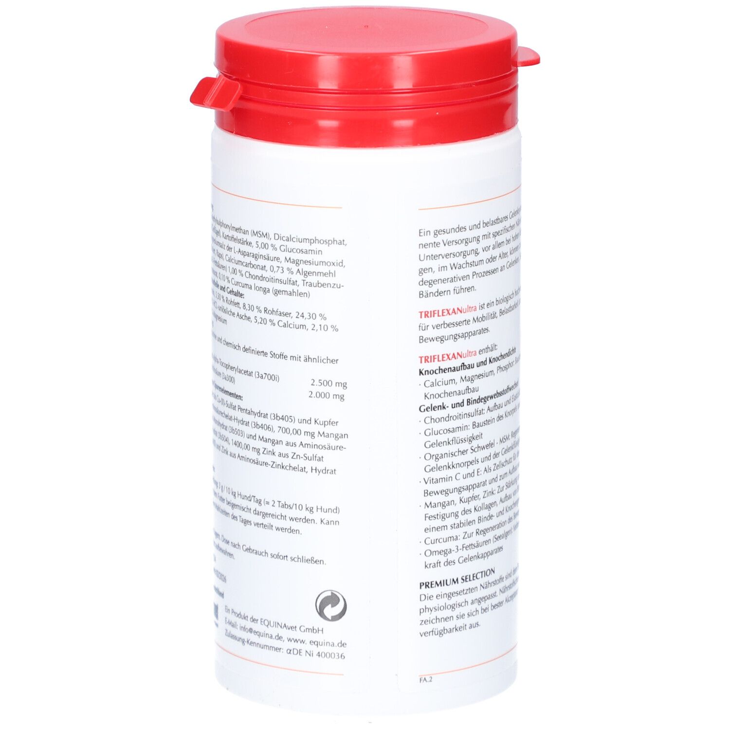 Weißes, zylindrisches Behältnis mit rotem Deckel. Textinformationen auf der Seite. Ergänzungsfuttermittel für Hunde.