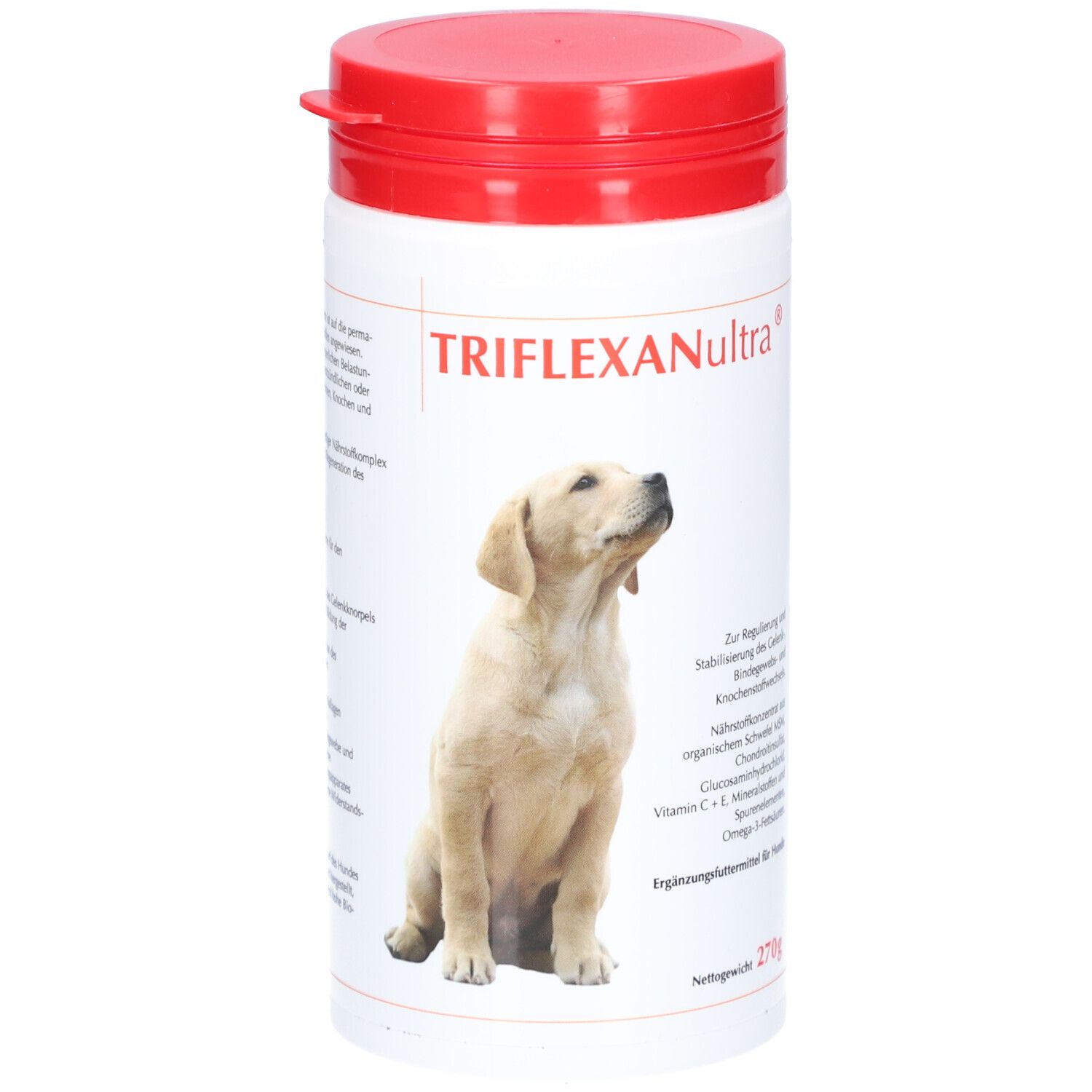 Weißes, zylindrisches Behältnis mit rotem Deckel. Aufschrift Triflexan Ultra und Abbildung eines Hundes. Ergänzungsfuttermittel.