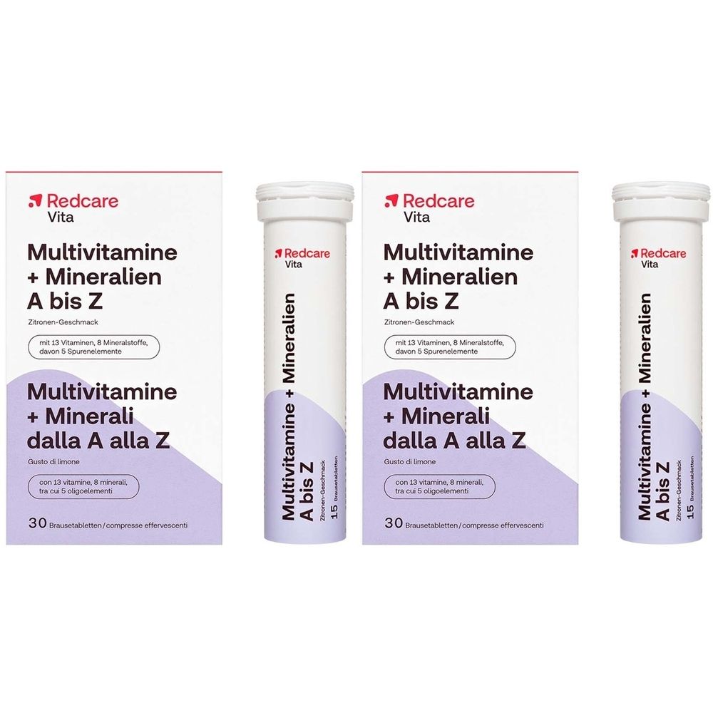 Drei Packungen und eine Tube Redcare Vita Multivitamine + Mineralien A bis Z. Weiße Verpackung mit lila Akzenten und Produktinformationen.