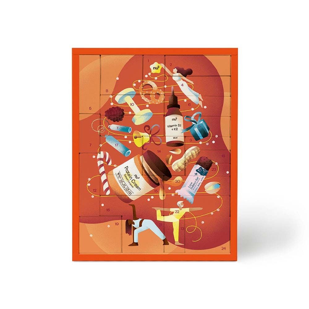 Adventskalender mit Illustrationen von Produkten und Figuren. Orangefarbener Rahmen. Enthält 24 nummerierte Felder.