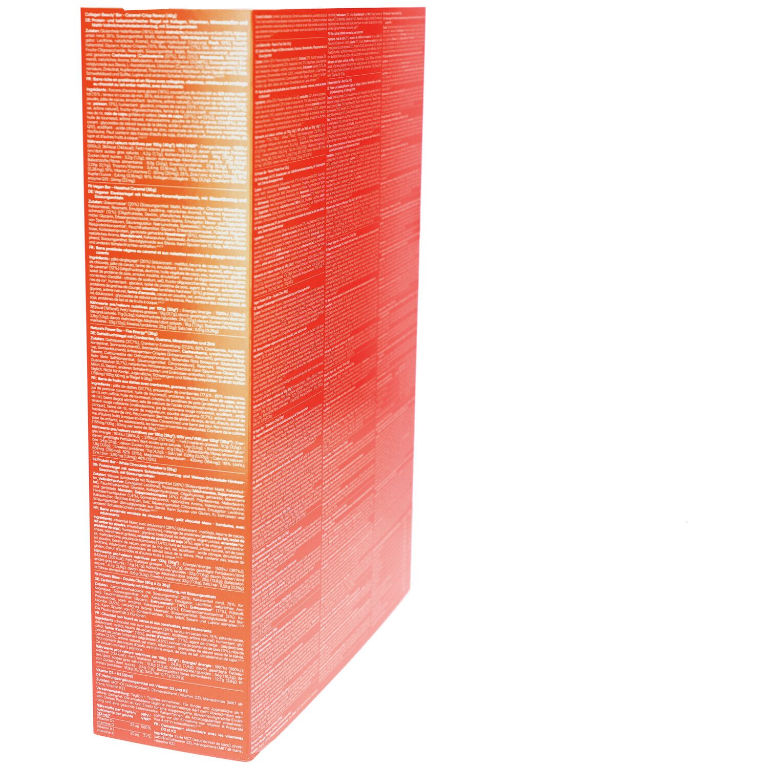 Orangefarbener Adventskalender mit weißer Aufschrift. Seitenansicht mit Text.