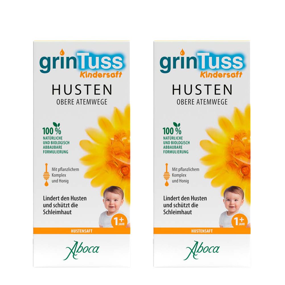 Zwei Packungen GrinTuss Kindersaft. Aufdruck: Husten, obere Atemwege, 100% natürliche Formel, Honig, Baby, 1+.