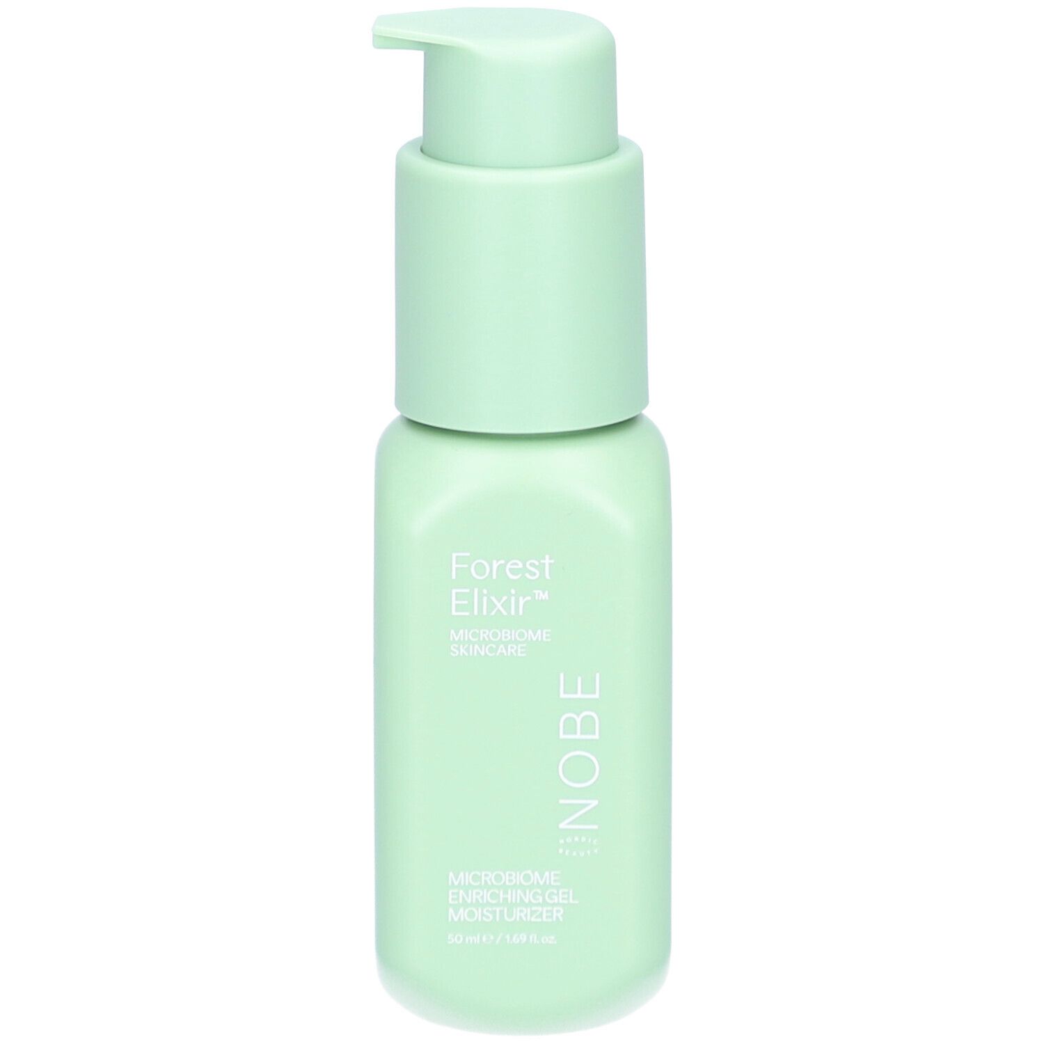 Hellgrüne Flasche mit Pumpkopf. Aufschrift: Forest Elixir, Mikrobiom Skincare, NOBE. Gel-Feuchtigkeitscreme.