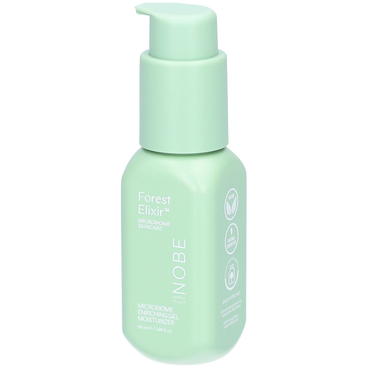 Hellgrüne Flasche mit Pumpkopf. Aufschrift: Forest Elixir, Mikrobiom Skincare, NOBE. Gel-Feuchtigkeitscreme. 50 ml.
