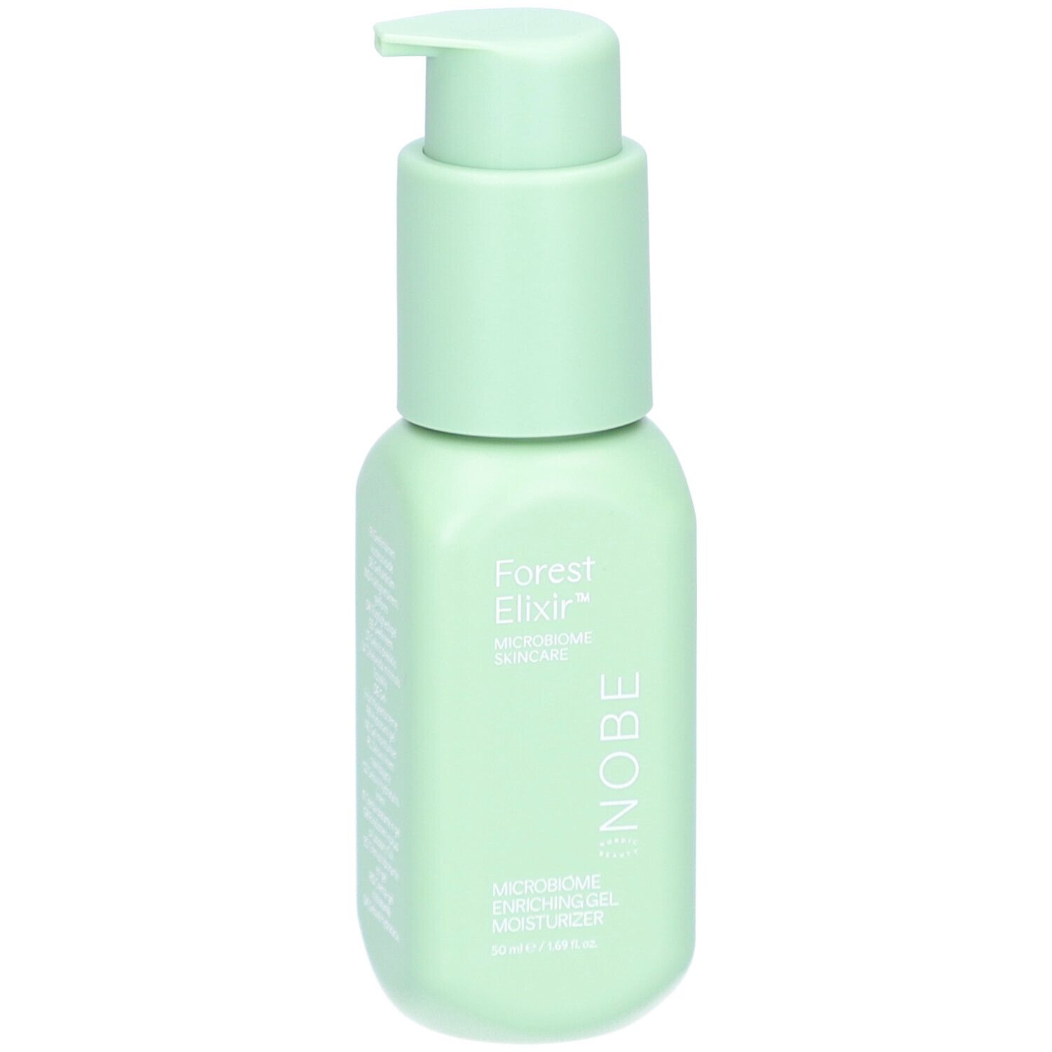 Hellgrüne Flasche mit Pumpkopf. Aufschrift: Forest Elixir, Mikrobiom Skincare, NOBE. Gel-Feuchtigkeitscreme. 50 ml.
