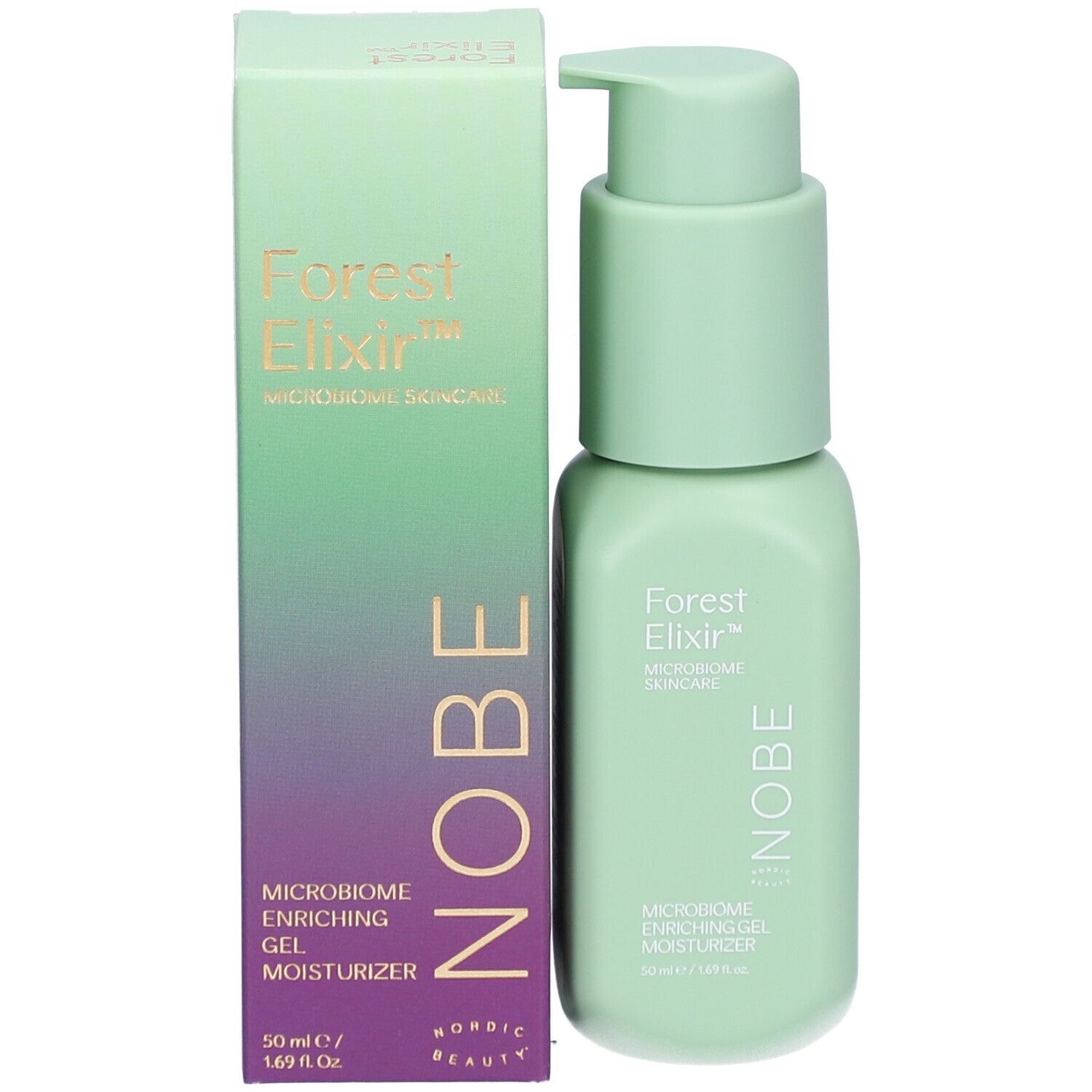 Hellgrüne Flasche und Schachtel. Aufschrift: Forest Elixir, Mikrobiom Skincare, NOBE. Gel-Feuchtigkeitscreme. 50 ml.
