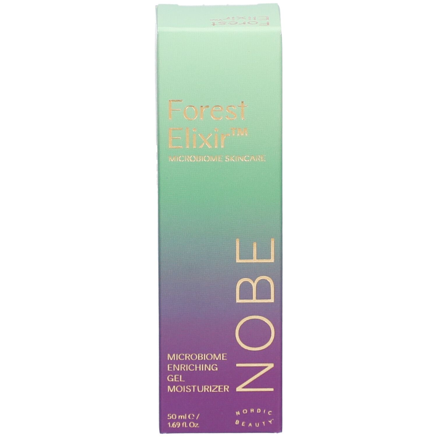 Grüne Schachtel. Aufschrift: Forest Elixir, Mikrobiom Skincare, NOBE. Gel-Feuchtigkeitscreme. 50 ml.
