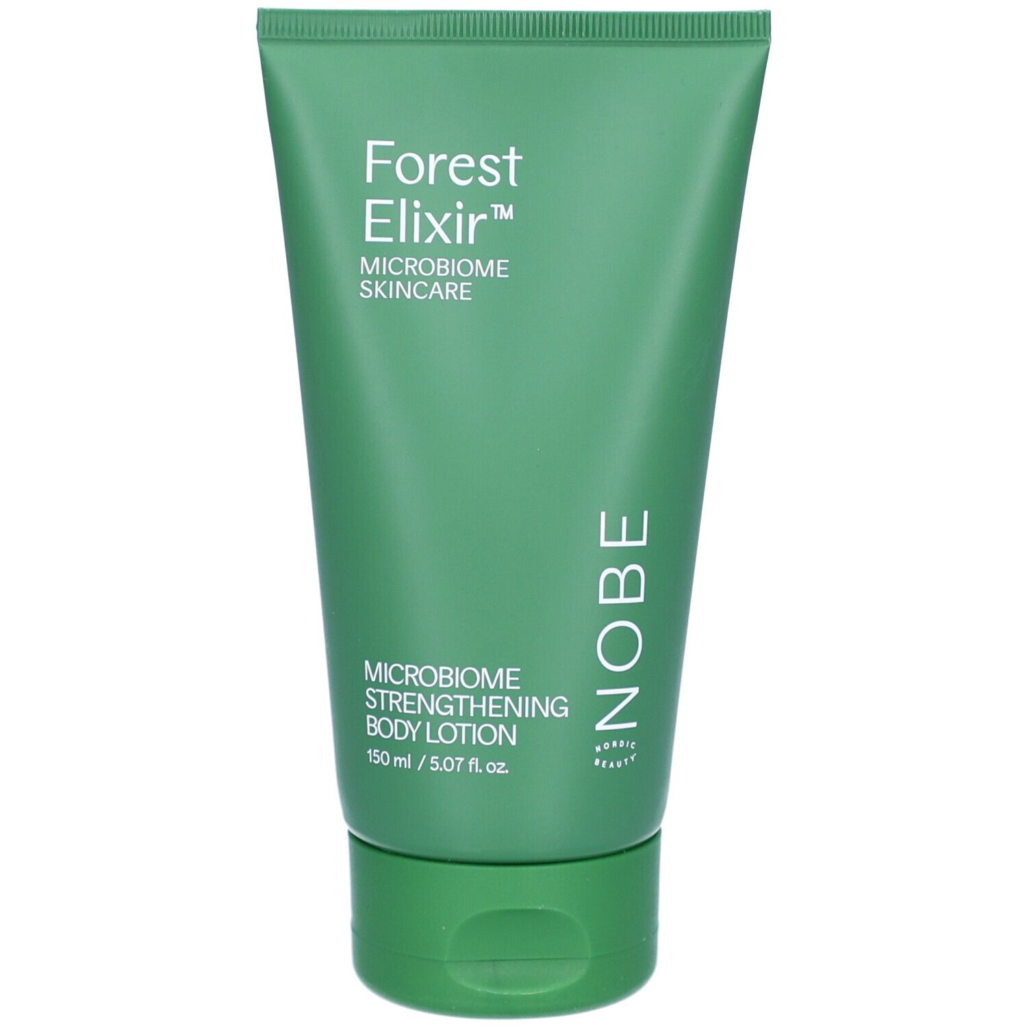 Grüne Tube NOBE® Forest Elixir Körperlotion. Text: Forest Elixir, Mikrobiom Skincare, Mikrobiom Stärkende Körperlotion. NOBE Logo.