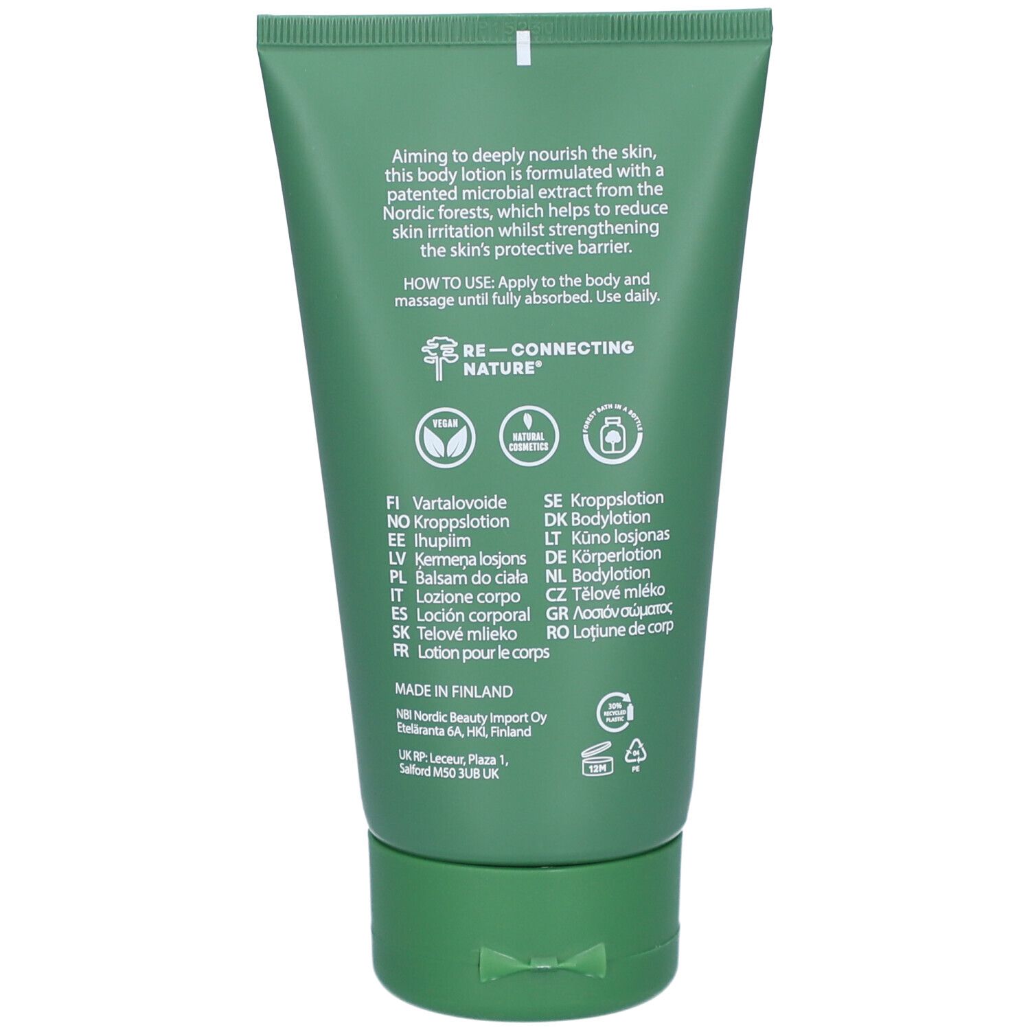 Rückseite der grünen Tube NOBE® Forest Elixir. Text: Anwendungshinweise, Inhaltsstoffe, Zertifizierungen, Herkunft Finnland.