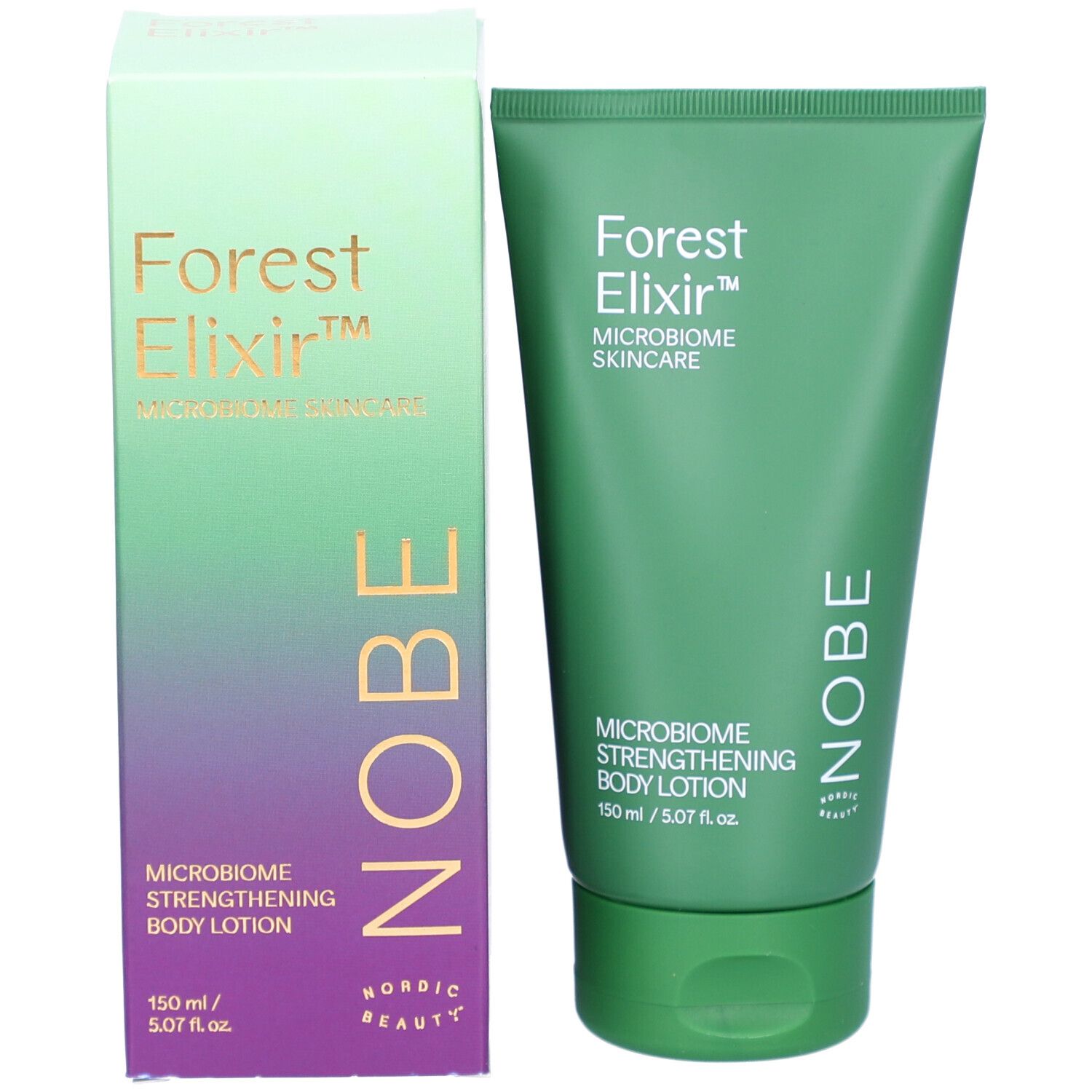 NOBE® Forest Elixir Körperlotion und Verpackung. Text: Forest Elixir, Mikrobiom Skincare, Mikrobiom Stärkende Körperlotion. NOBE Logo.