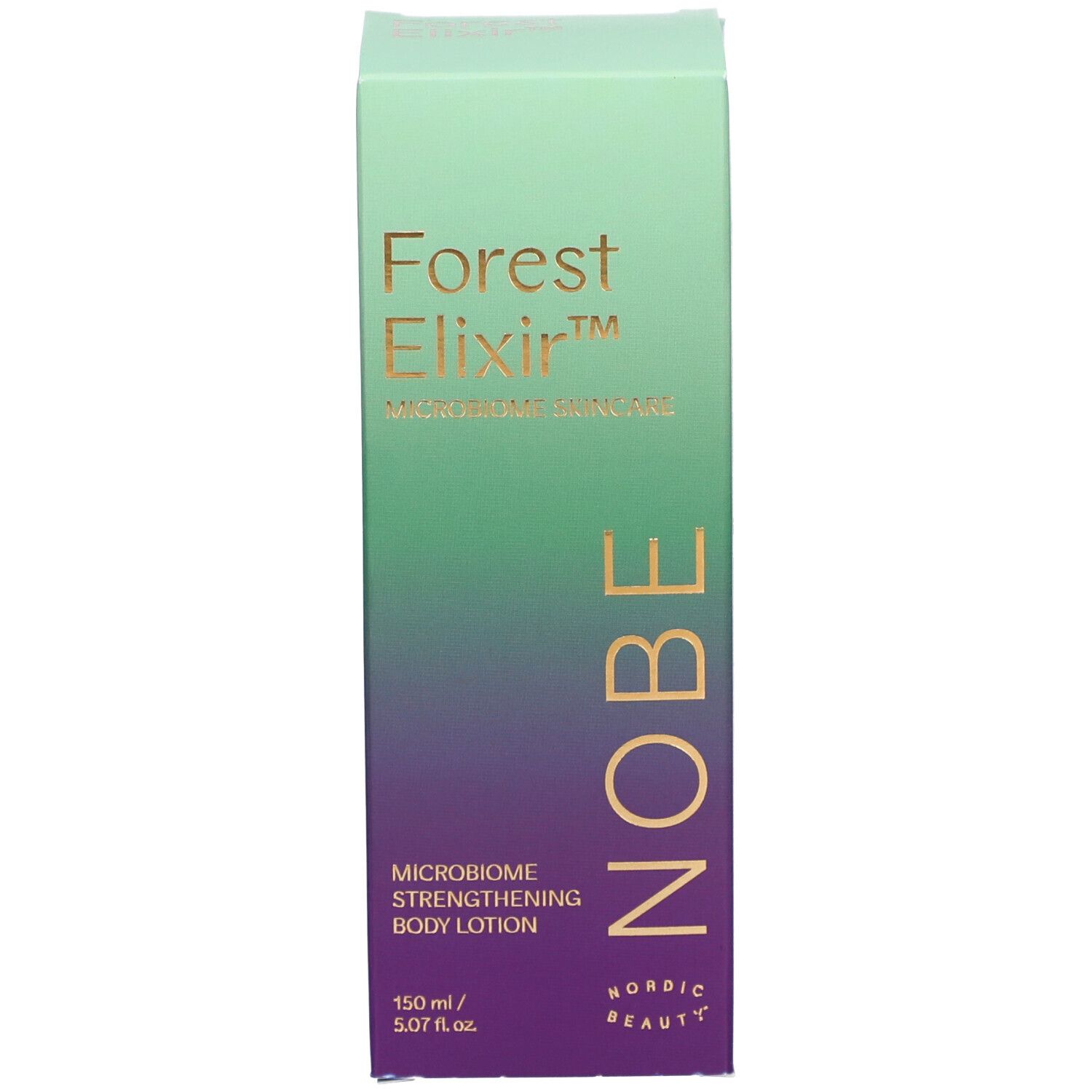 Verpackung NOBE® Forest Elixir. Text: Forest Elixir, Mikrobiom Skincare, Mikrobiom Stärkende Körperlotion. NOBE Logo.