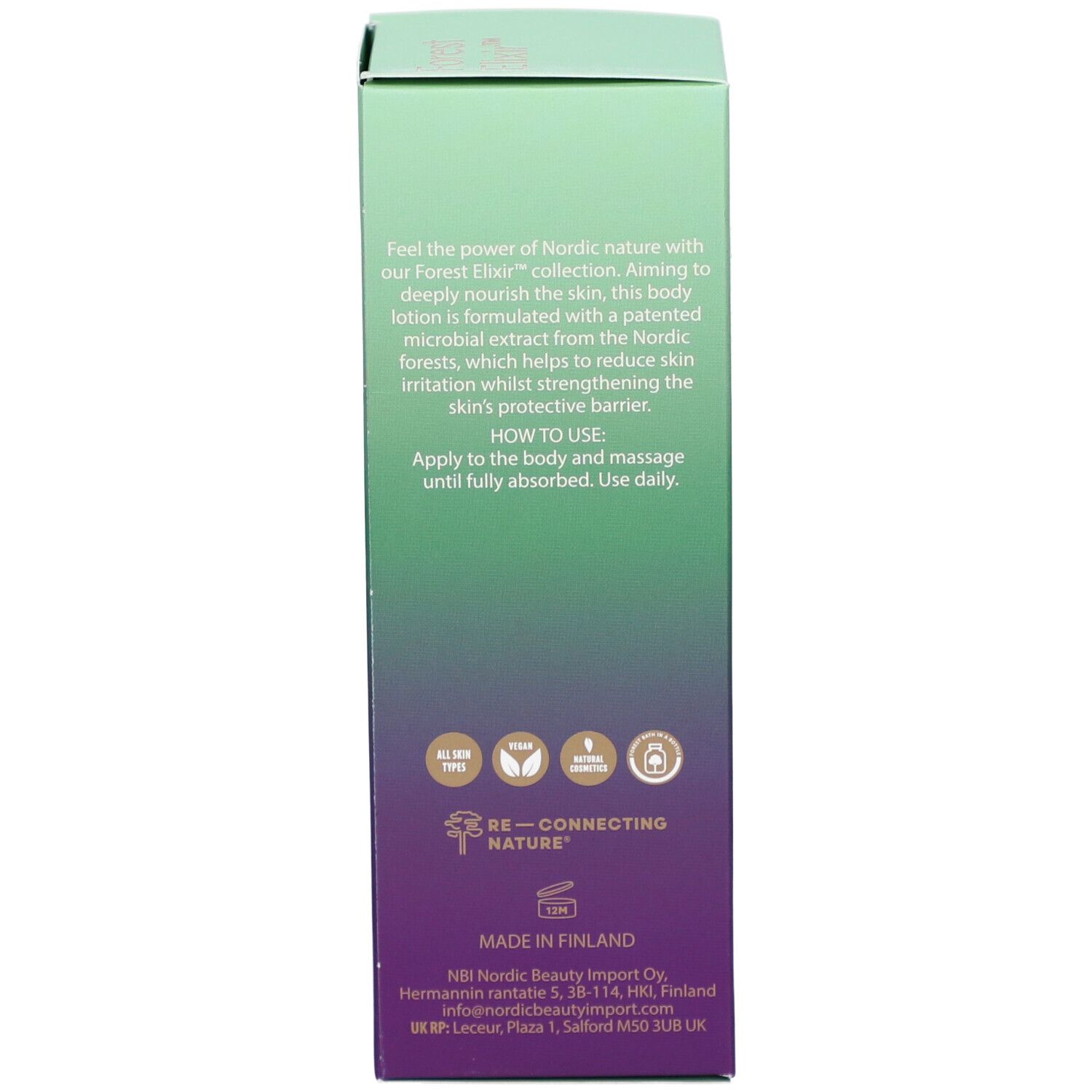 Rückseite der Verpackung NOBE® Forest Elixir. Text: Anwendungshinweise, Inhaltsstoffe, Zertifizierungen, Herkunft Finnland.