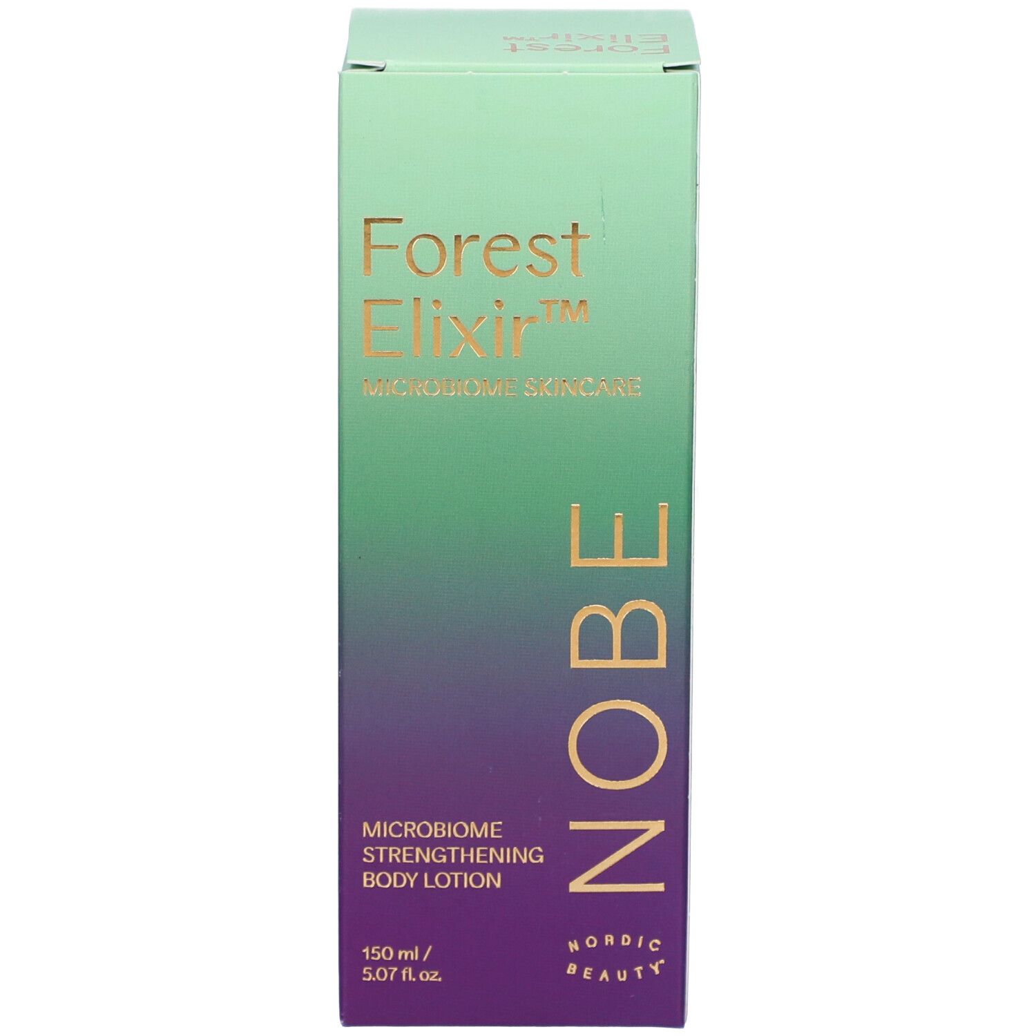 Verpackung NOBE® Forest Elixir. Text: Forest Elixir, Mikrobiom Skincare, Mikrobiom Stärkende Körperlotion. NOBE Logo.