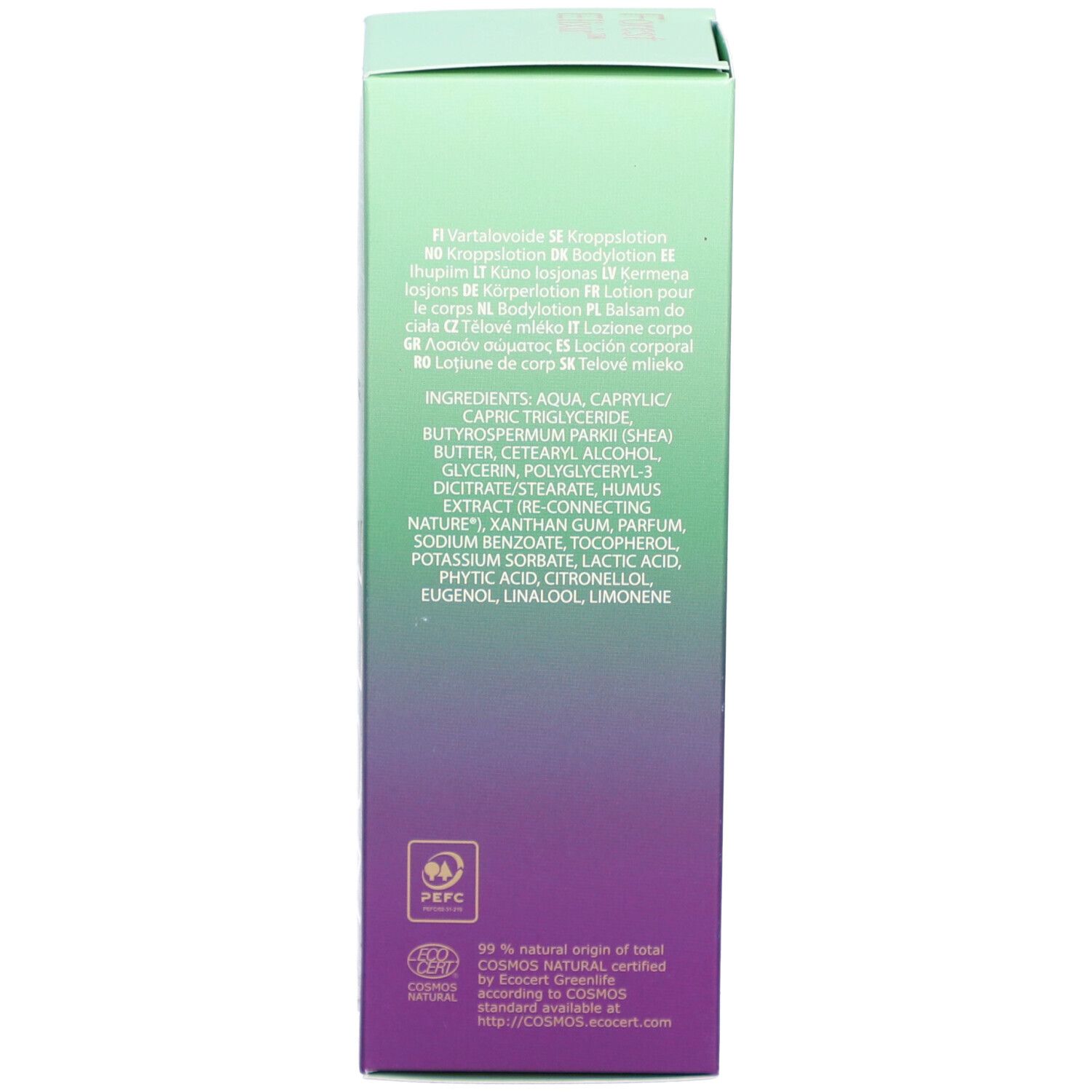 Rückseite der Verpackung NOBE® Forest Elixir. Text: Inhaltsstoffe, Zertifizierungen, Herkunft Finnland.
