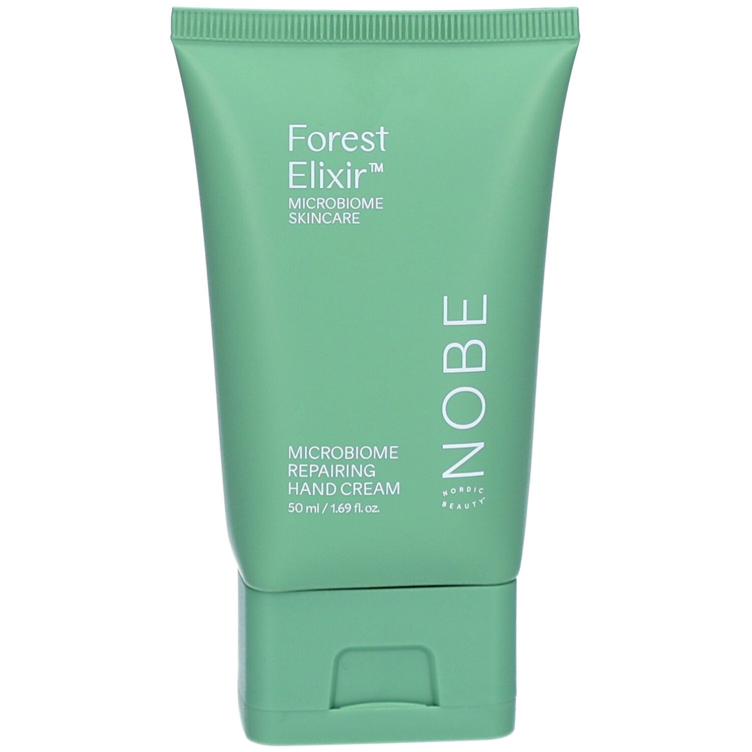 Grüne Tube mit Schriftzug 'Forest Elixir' und 'NOBE'. Handcreme-Bezeichnung und Volumenangabe.