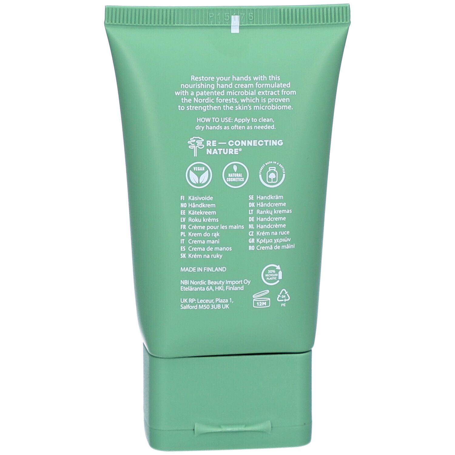 Rückseite der grünen Tube. Text über die Handcreme, Anwendungshinweise und Logos.