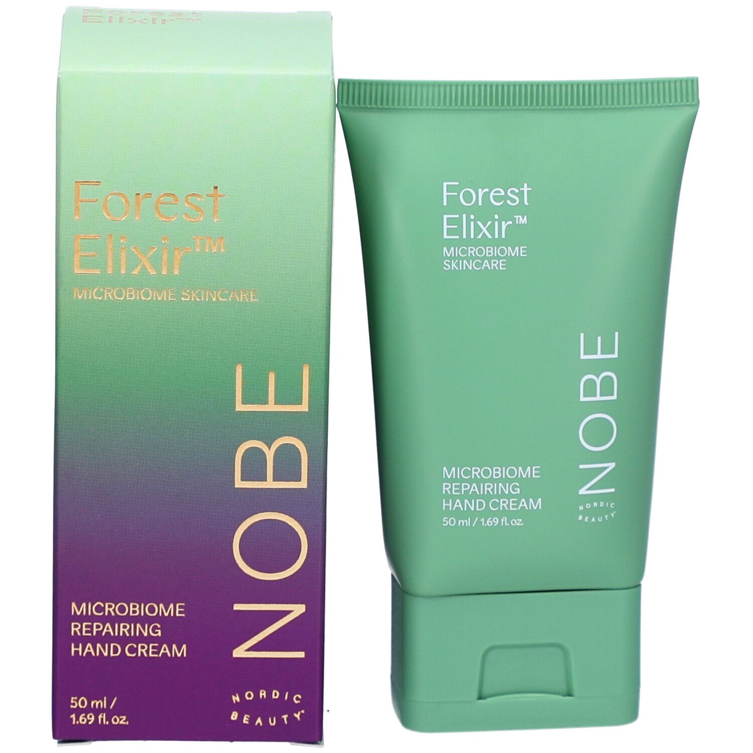 Grüne Tube und Schachtel. 'Forest Elixir' und 'NOBE' Schriftzug. Handcreme-Bezeichnung und Volumenangabe.
