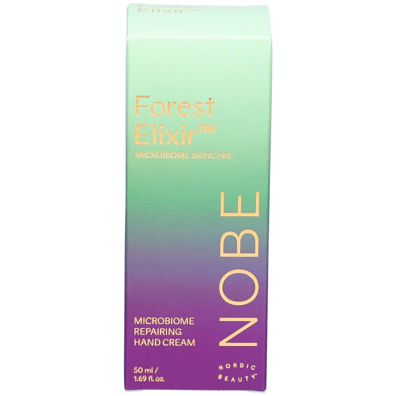 Schachtel mit 'Forest Elixir' und 'NOBE' Schriftzug. Handcreme-Bezeichnung und Volumenangabe.