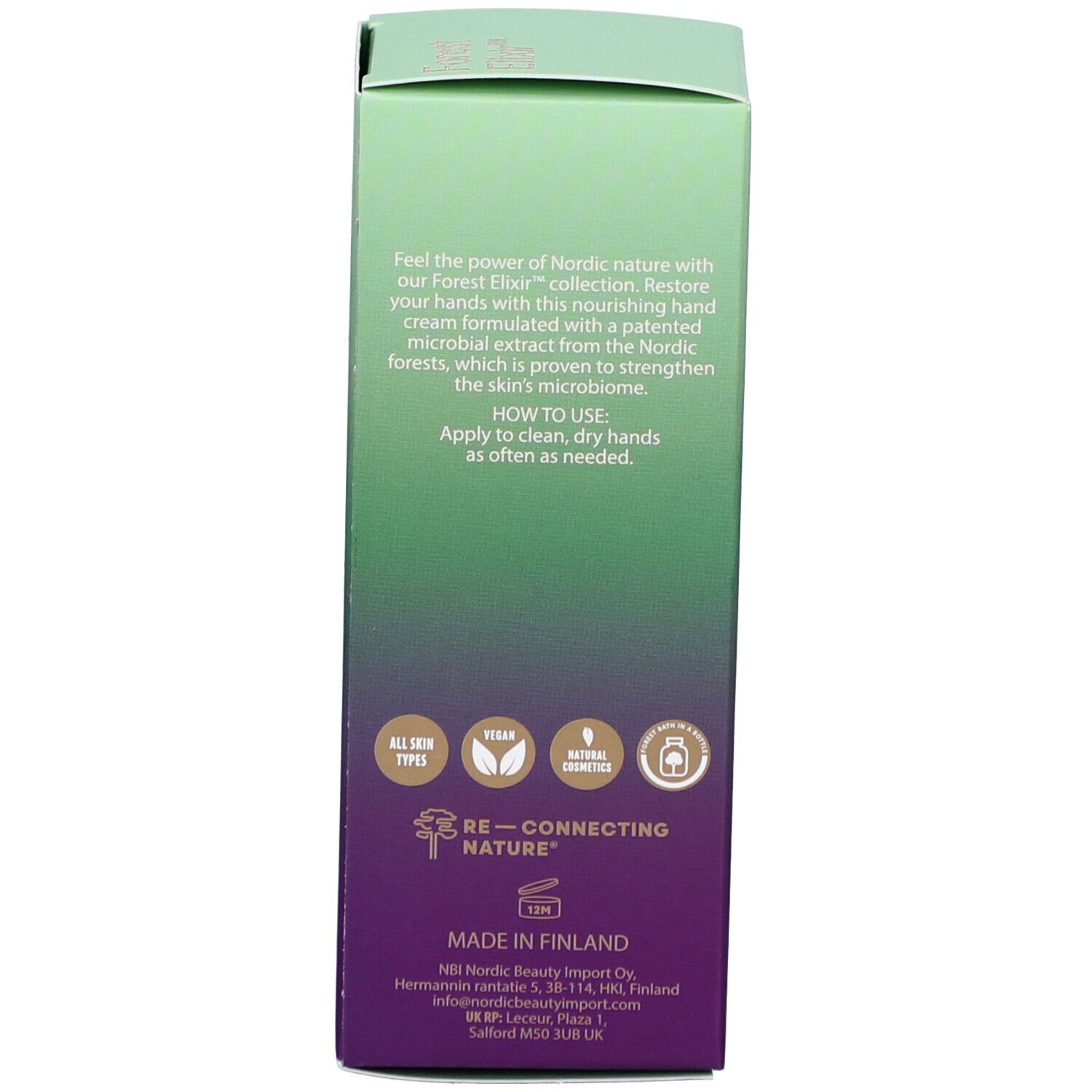 Rückseite der Schachtel. Text über die Handcreme, Anwendungshinweise und Logos.