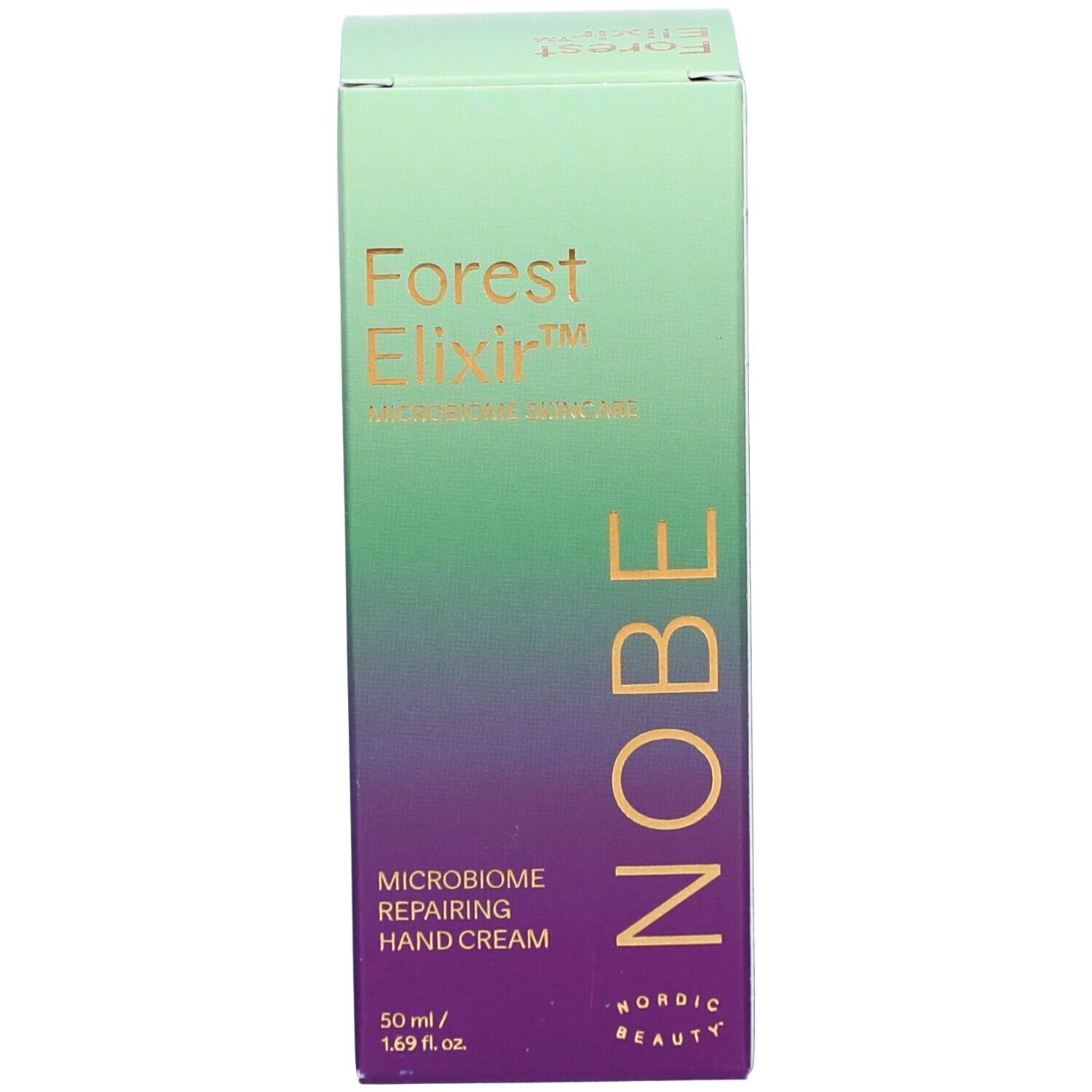 Schachtel mit 'Forest Elixir' und 'NOBE' Schriftzug. Handcreme-Bezeichnung und Volumenangabe.