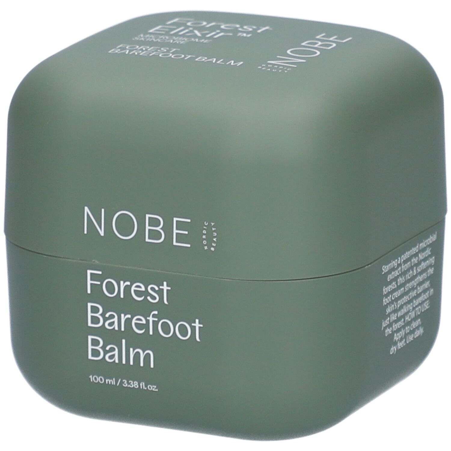 Grüner Tiegel mit weißer Aufschrift: NOBE, Forest Barefoot Balm. 100 ml / 3.38 fl.oz.