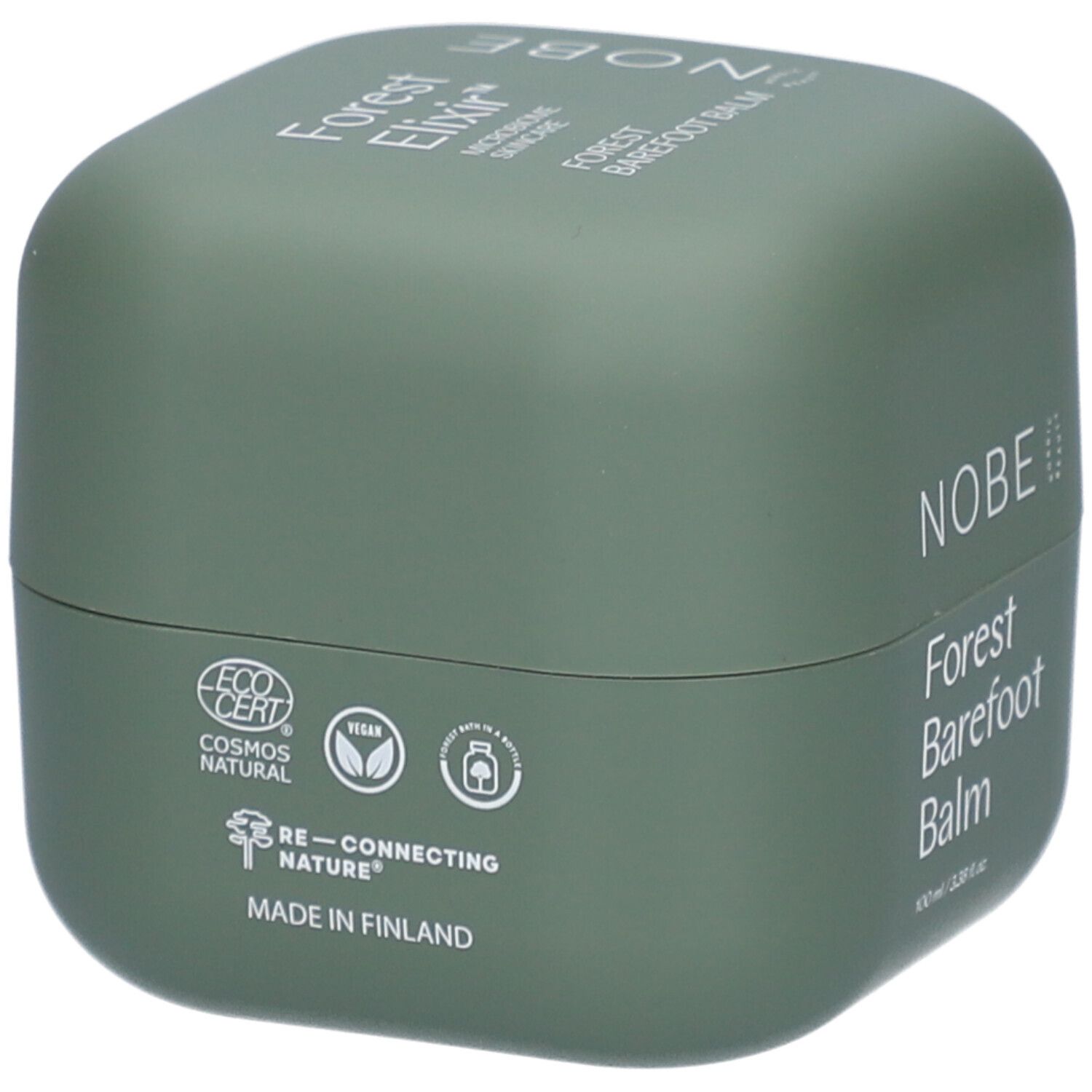 Grüner Tiegel mit weißer Aufschrift: NOBE, Forest Barefoot Balm. Logos: Cosmos Natural, Vegan, Re-connecting Nature.