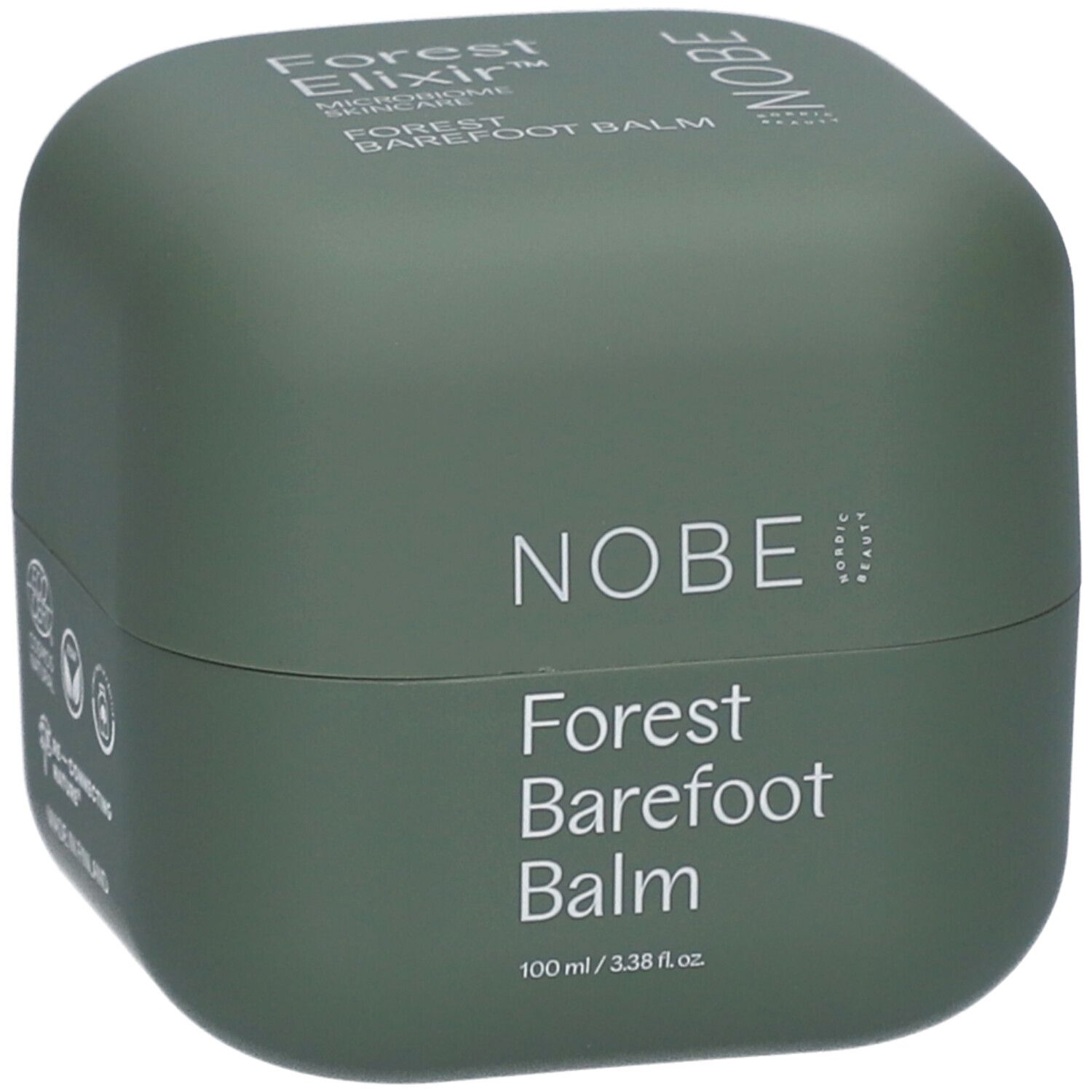 Grüner Tiegel mit weißer Aufschrift: NOBE, Forest Barefoot Balm. 100 ml / 3.38 fl.oz. Logos.