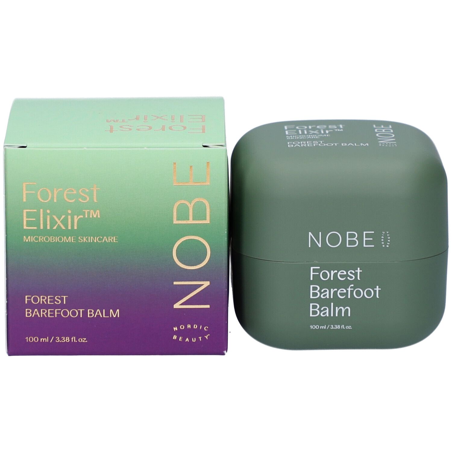 Grüner Tiegel und Schachtel. Aufschrift: NOBE, Forest Barefoot Balm. 100 ml / 3.38 fl.oz. Schachtel: Forest Elixir.