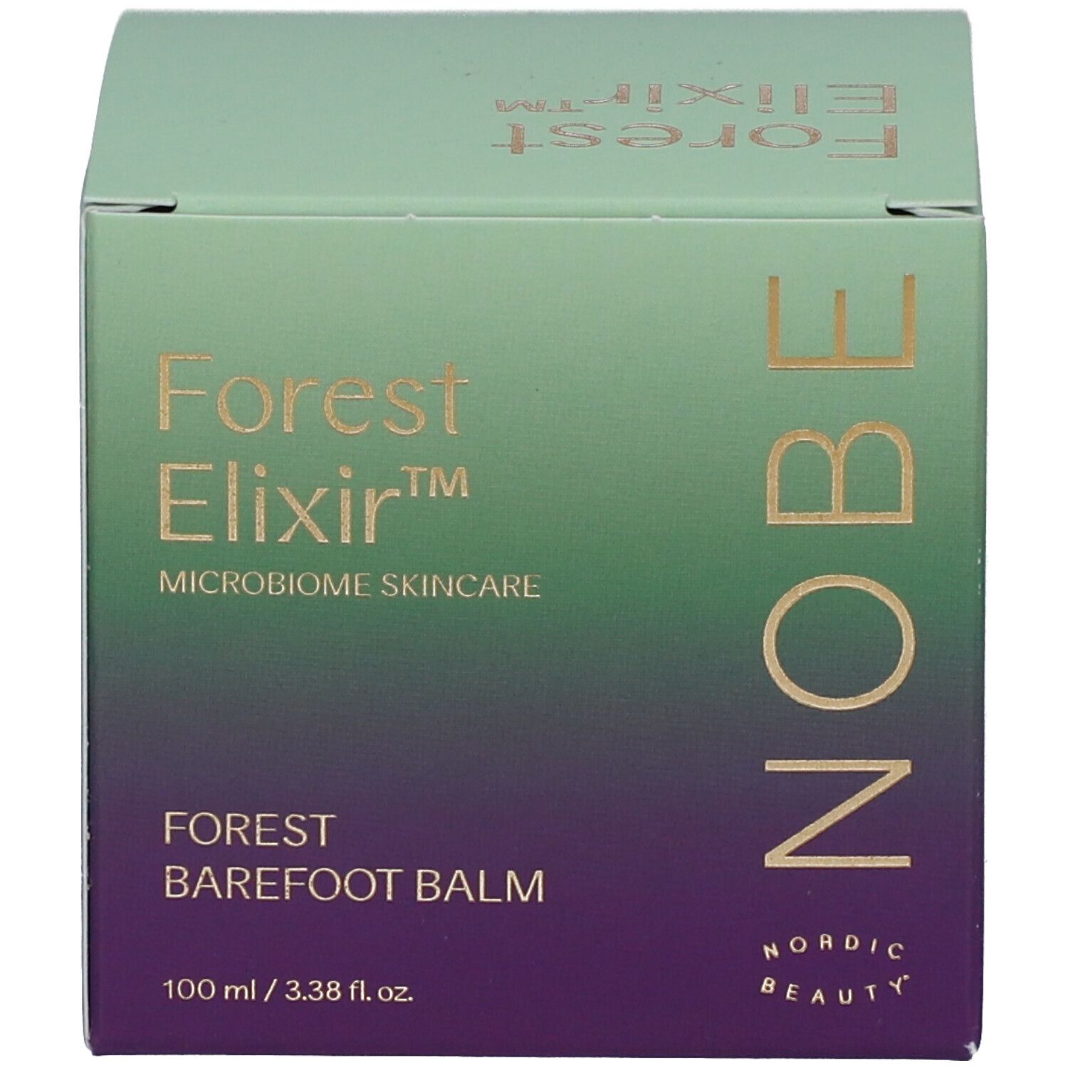 Schachtel mit Aufschrift: Forest Elixir, Forest Barefoot Balm. 100 ml / 3.38 fl.oz. Logo: Nordic Beauty.