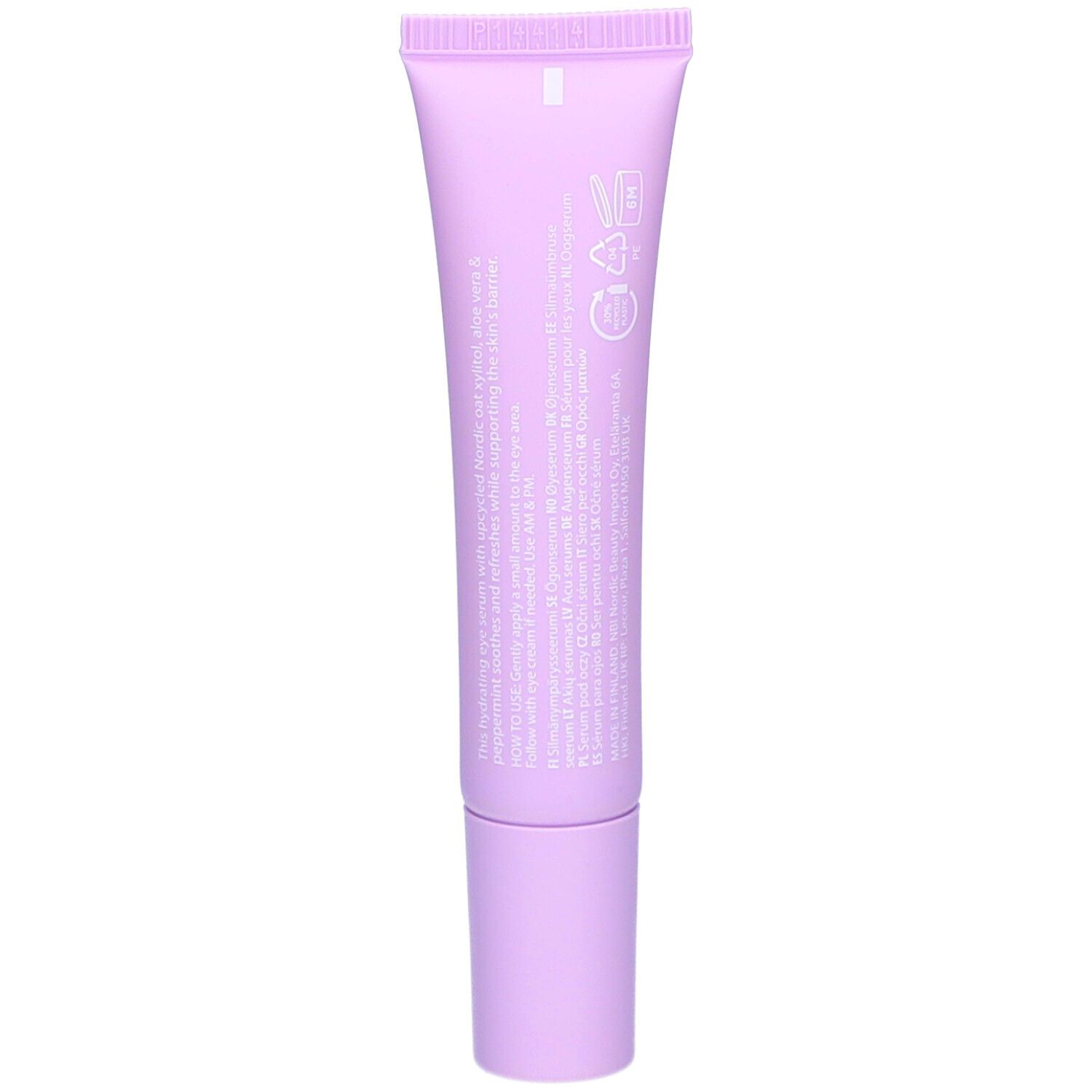 Rückseite der NOBE Cooling Care Awakening Eye Serum Tube mit Anwendungshinweisen und Symbolen.
