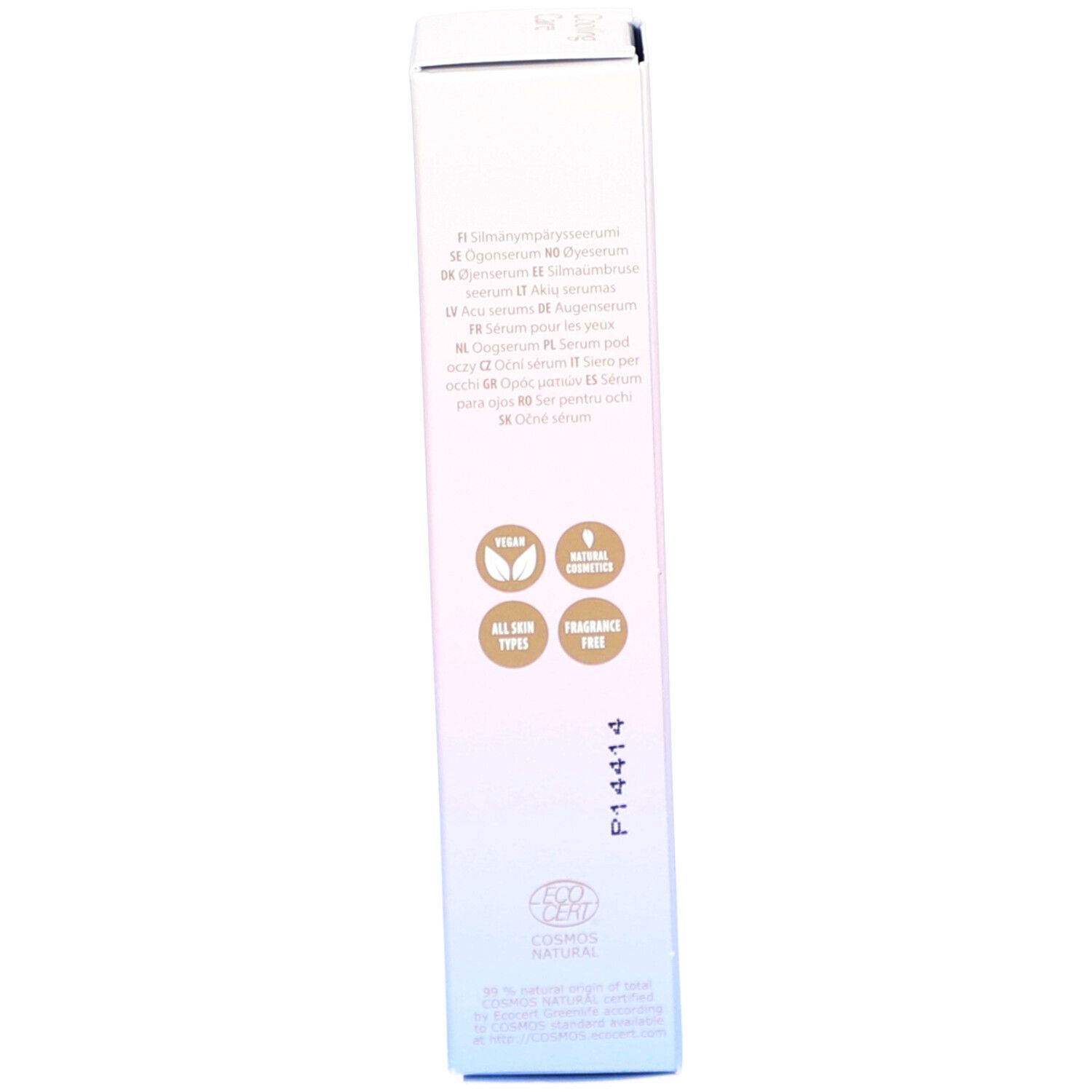 Seite der NOBE Cooling Care Awakening Eye Serum Box mit Siegeln wie Vegan und Natural.