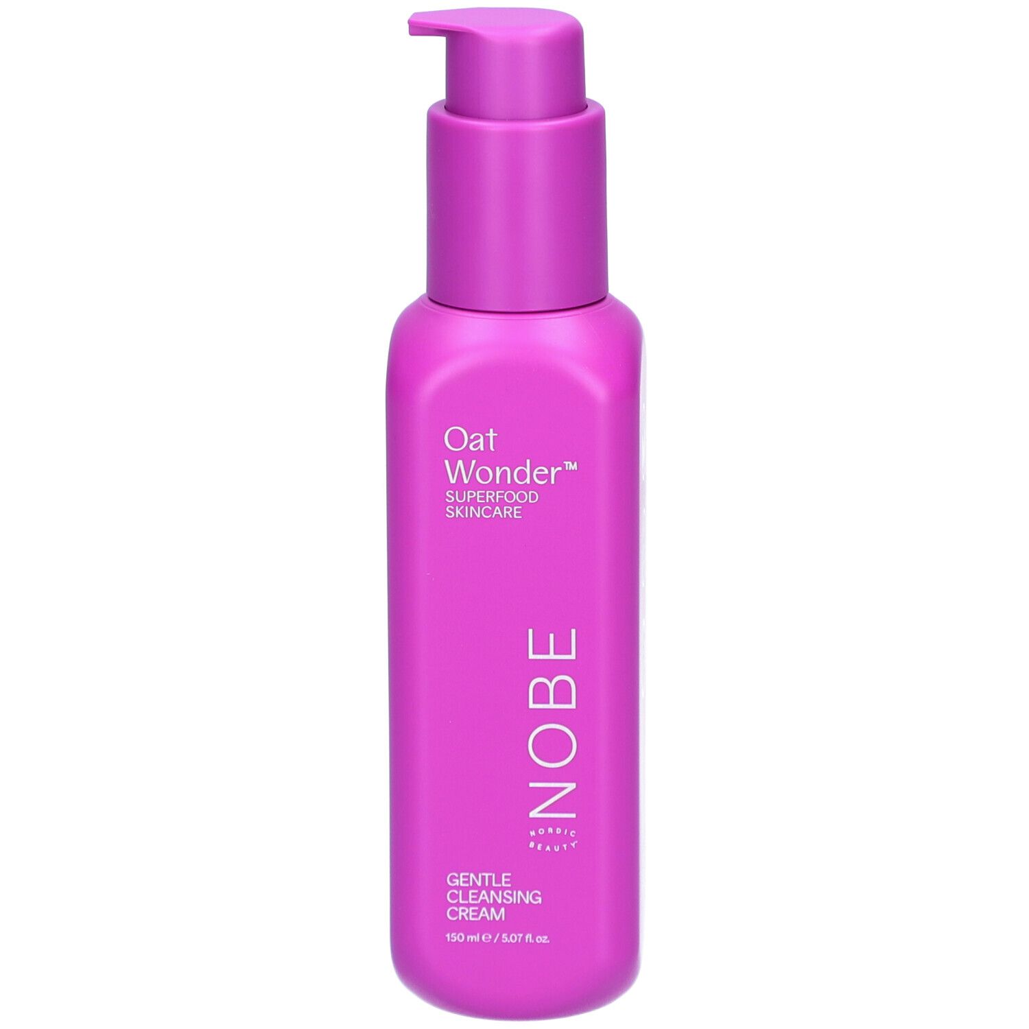 Flasche mit Pumpverschluss. Rosa. Aufschrift: Oat Wonder, Superfood Skincare, NOBE, Gentle Cleansing Cream.